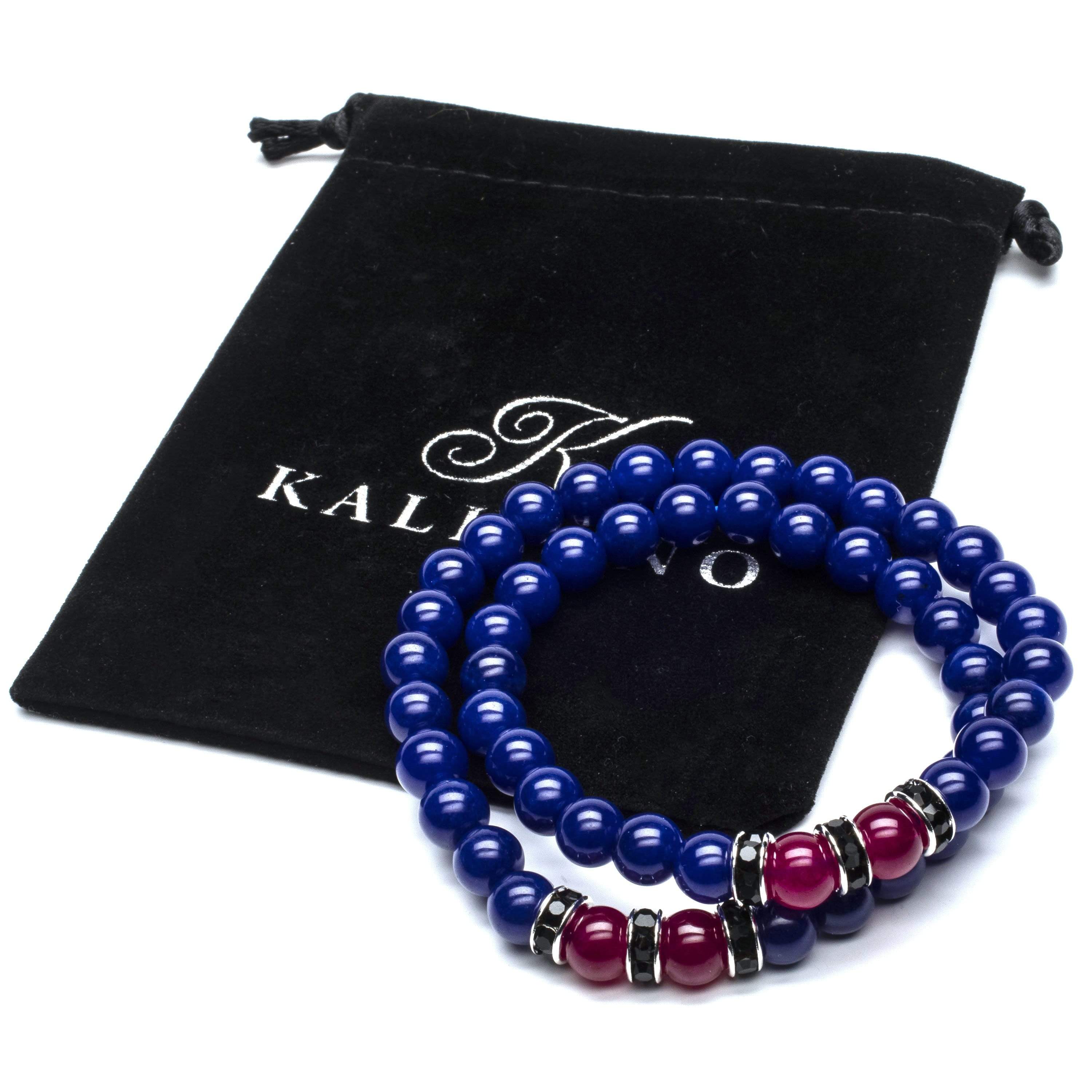 Kalifano Gemstone Bracelets Lapis 8mm Beads with Fuchsia Agate and Black and Silver Accent Beads Double Wrap Elastic Gemstone Bracelet WHITE-BGI2-012