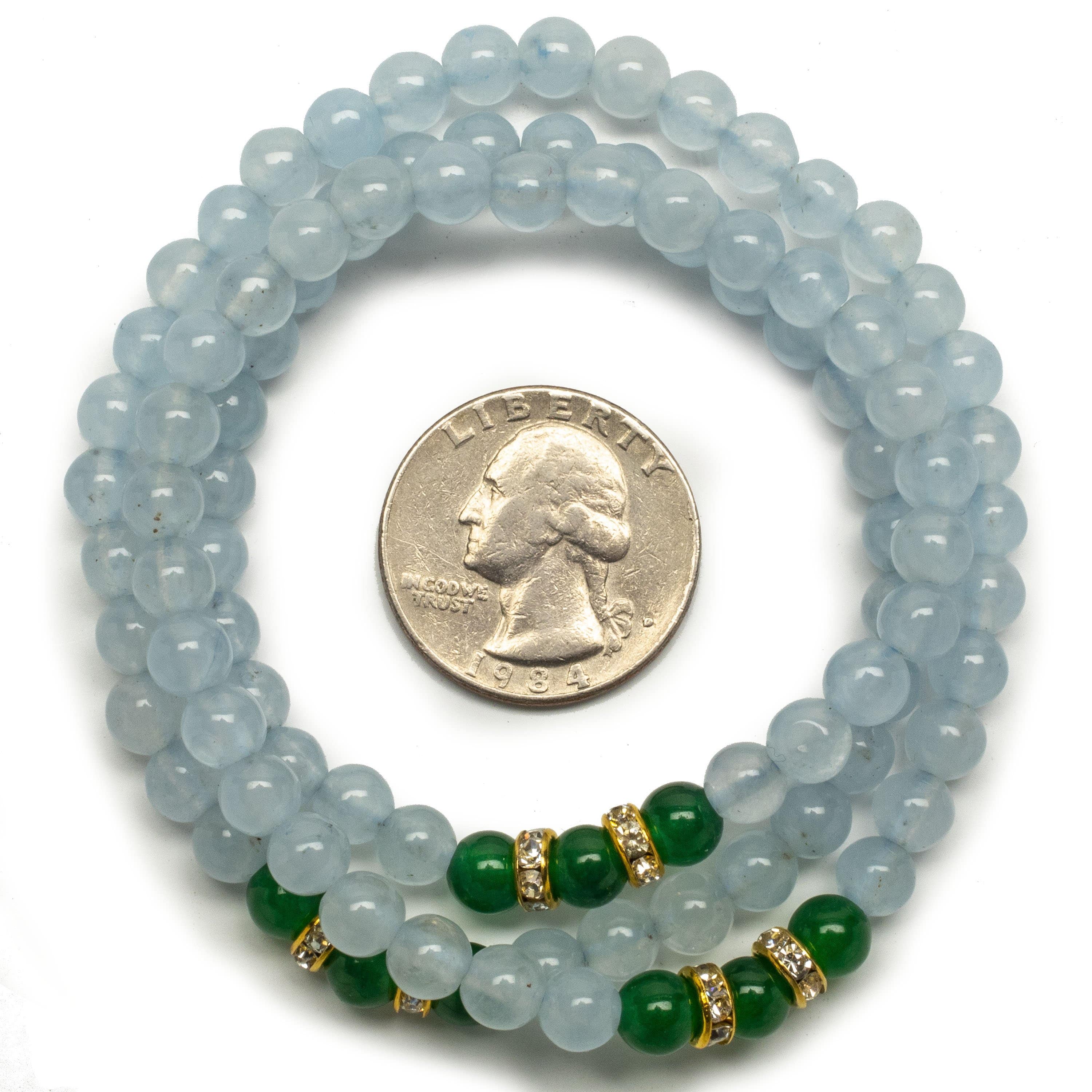 Kalifano Gemstone Bracelets Light Blue Agate Beads with Aventurine and Gold Crystal Accent Beads Triple Wrap Elastic Gemstone Bracelet WHITE-BGI3-020