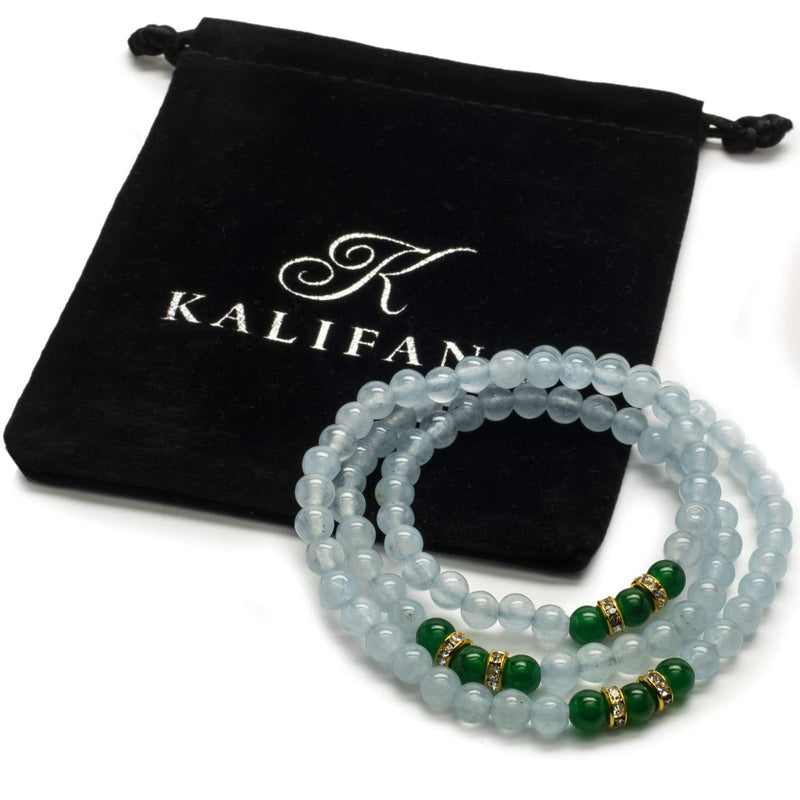 Kalifano Gemstone Bracelets Light Blue Agate Beads with Aventurine and Gold Crystal Accent Beads Triple Wrap Elastic Gemstone Bracelet WHITE-BGI3-020