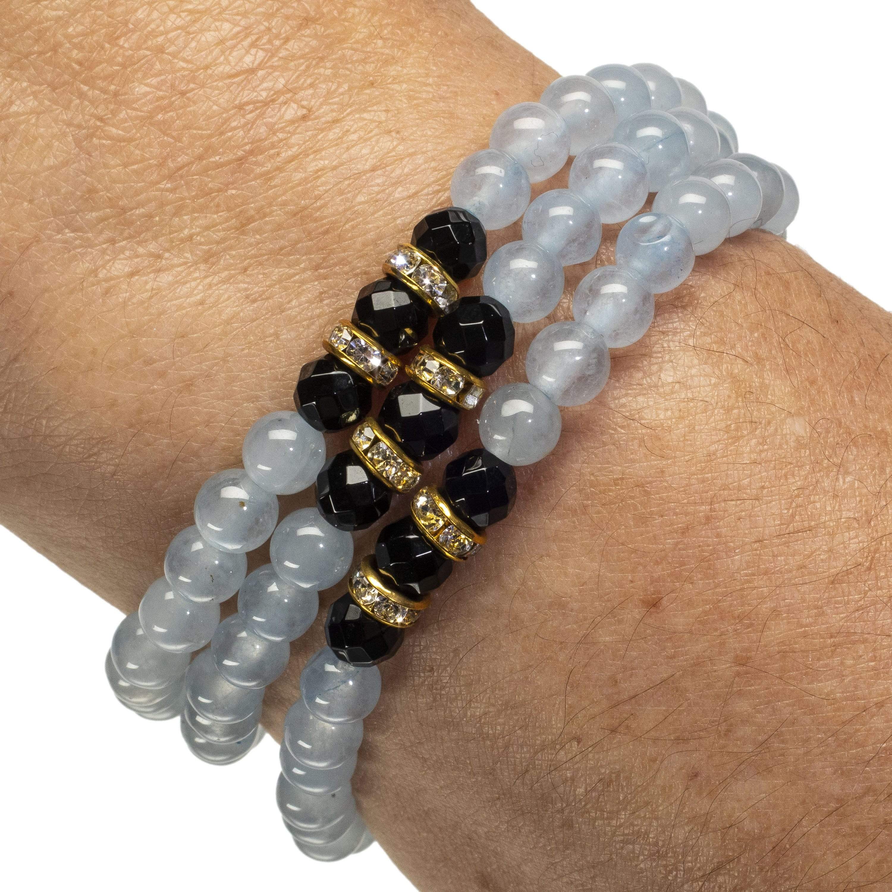Kalifano Gemstone Bracelets Light Blue Agate Beads with Black Agate and Gold Crystal Accent Beads Triple Wrap Elastic Gemstone Bracelet WHITE-BGI3-019