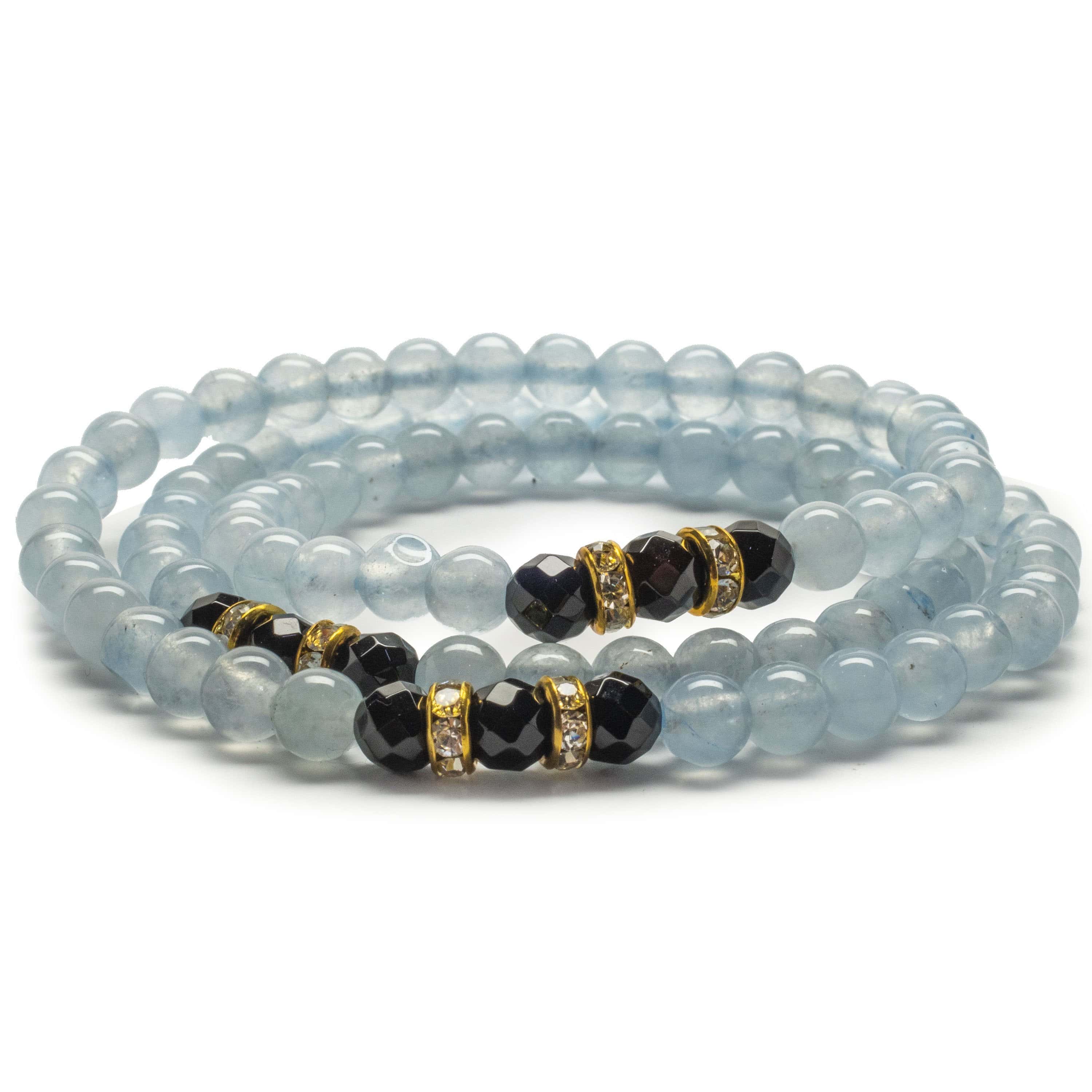 Kalifano Gemstone Bracelets Light Blue Agate Beads with Black Agate and Gold Crystal Accent Beads Triple Wrap Elastic Gemstone Bracelet WHITE-BGI3-019