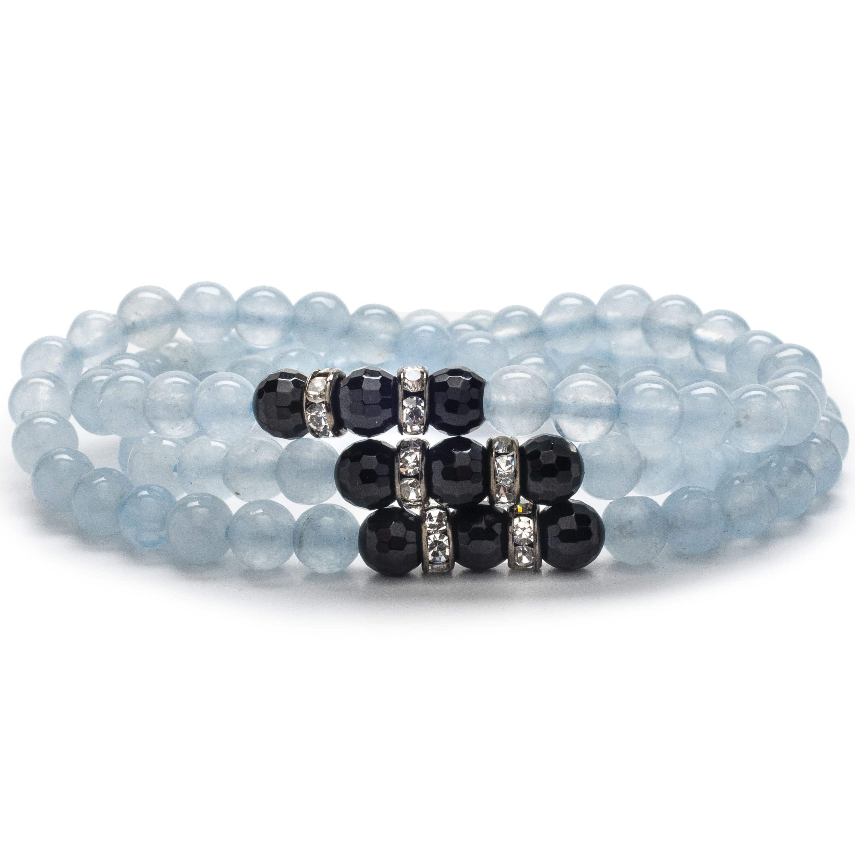 Kalifano Gemstone Bracelets Light Blue Agate Beads with Black Agate and Silver Crystal Accent Beads Triple Wrap Elastic Gemstone Bracelet WHITE-BGI3-018