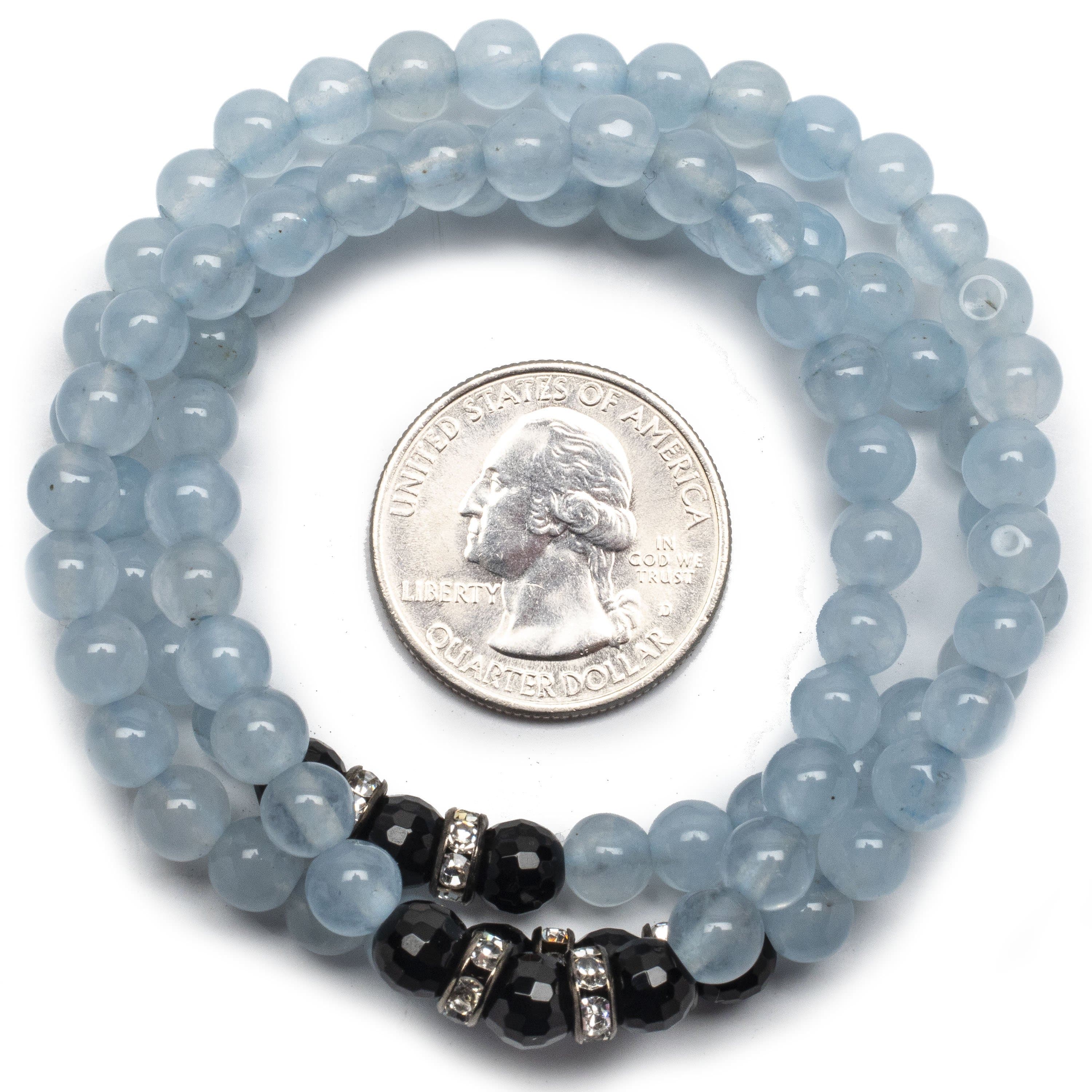 Kalifano Gemstone Bracelets Light Blue Agate Beads with Black Agate and Silver Crystal Accent Beads Triple Wrap Elastic Gemstone Bracelet WHITE-BGI3-018