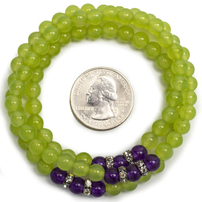 Kalifano Gemstone Bracelets Lime Green Agate 6mm Beads with Amethyst and Crystal Accents Triple Wrap Elastic Gemstone Bracelet WHITE-BGI3-049
