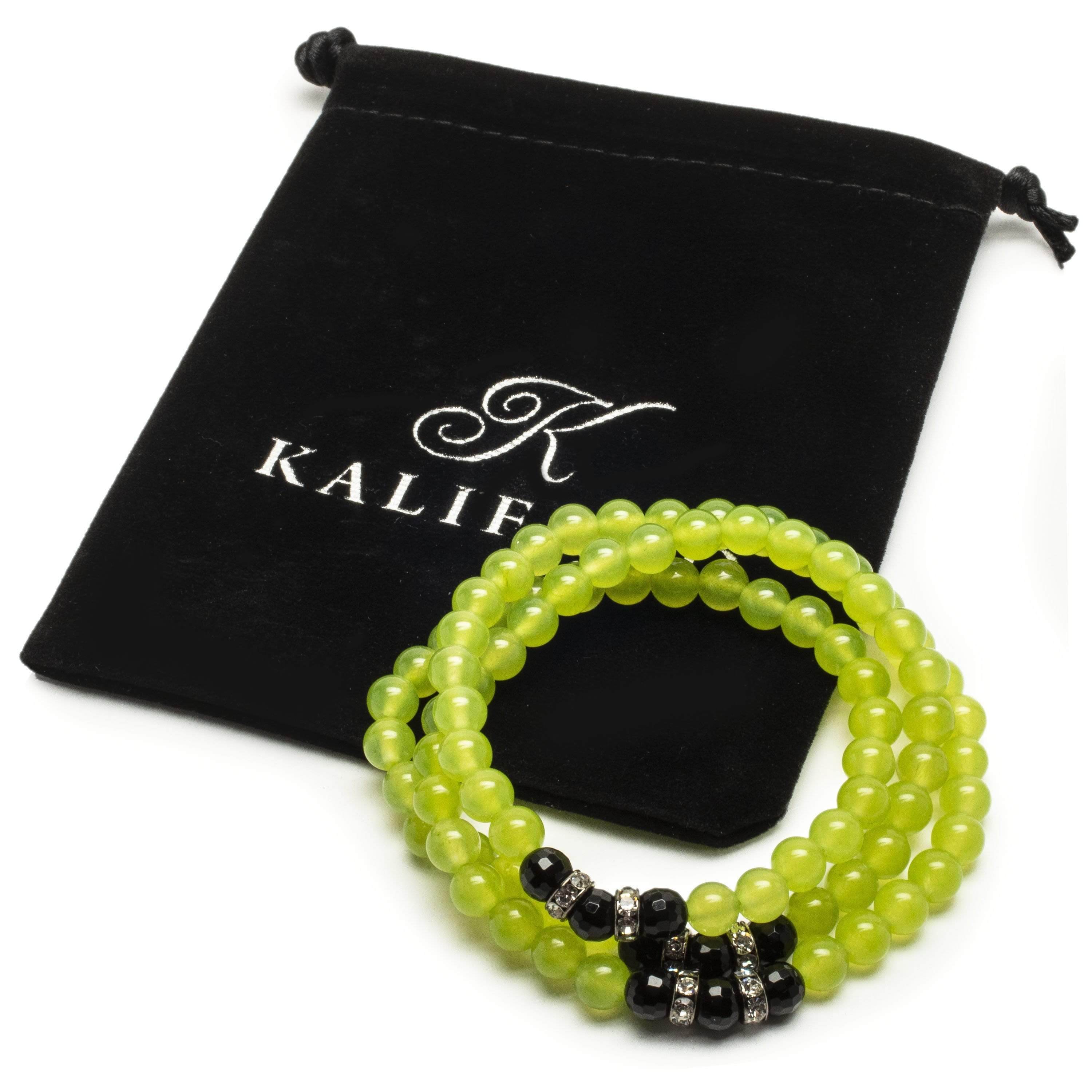 Kalifano Gemstone Bracelets Lime Green Agate 6mm Beads with Black Agate and Crystal Accent Beads Triple Wrap Elastic Gemstone Bracelet WHITE-BGI3-051