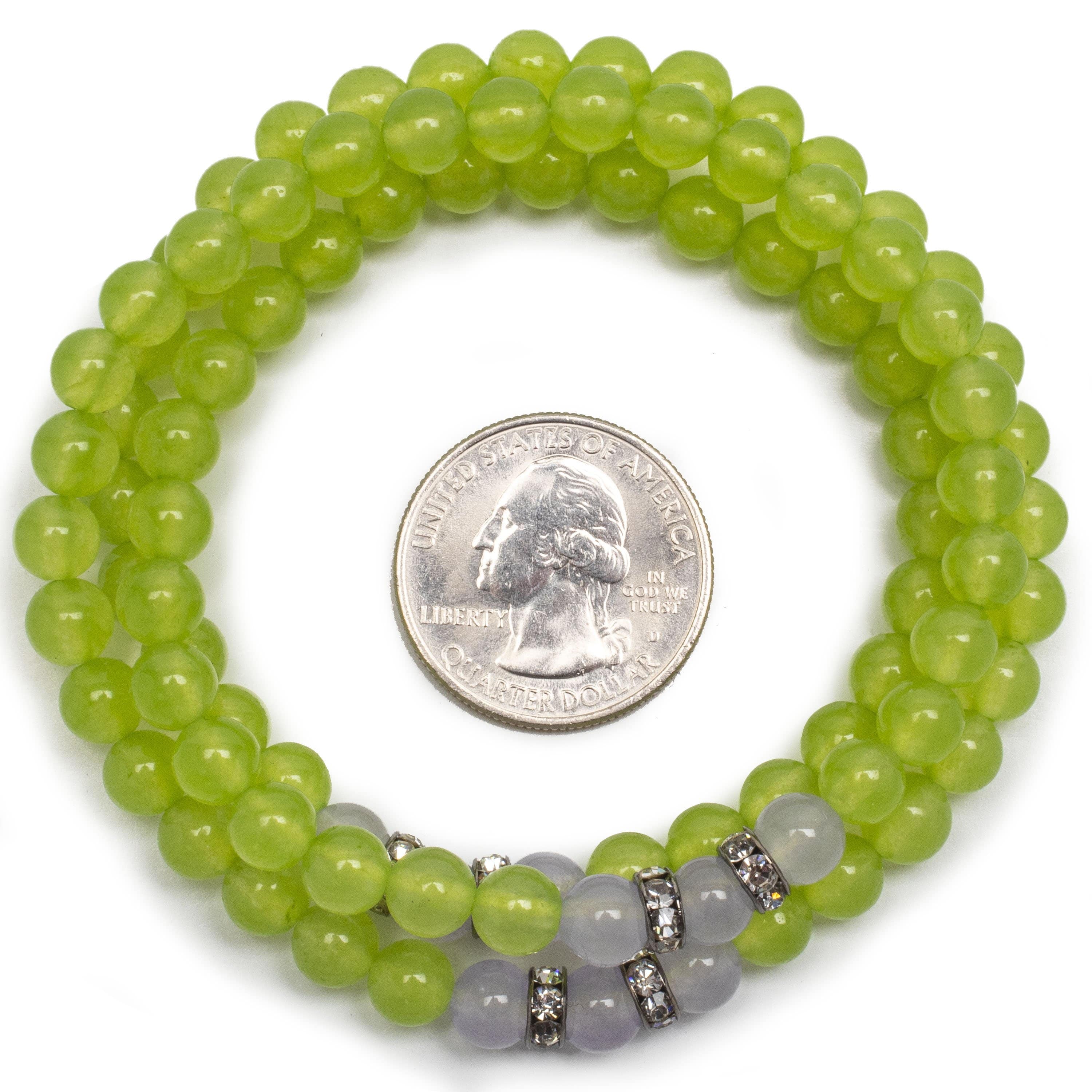 Kalifano Gemstone Bracelets Lime Green Agate 6mm Beads with Lavender Agate and Crystal Accent Beads Triple Wrap Elastic Gemstone Bracelet WHITE-BGI3-047