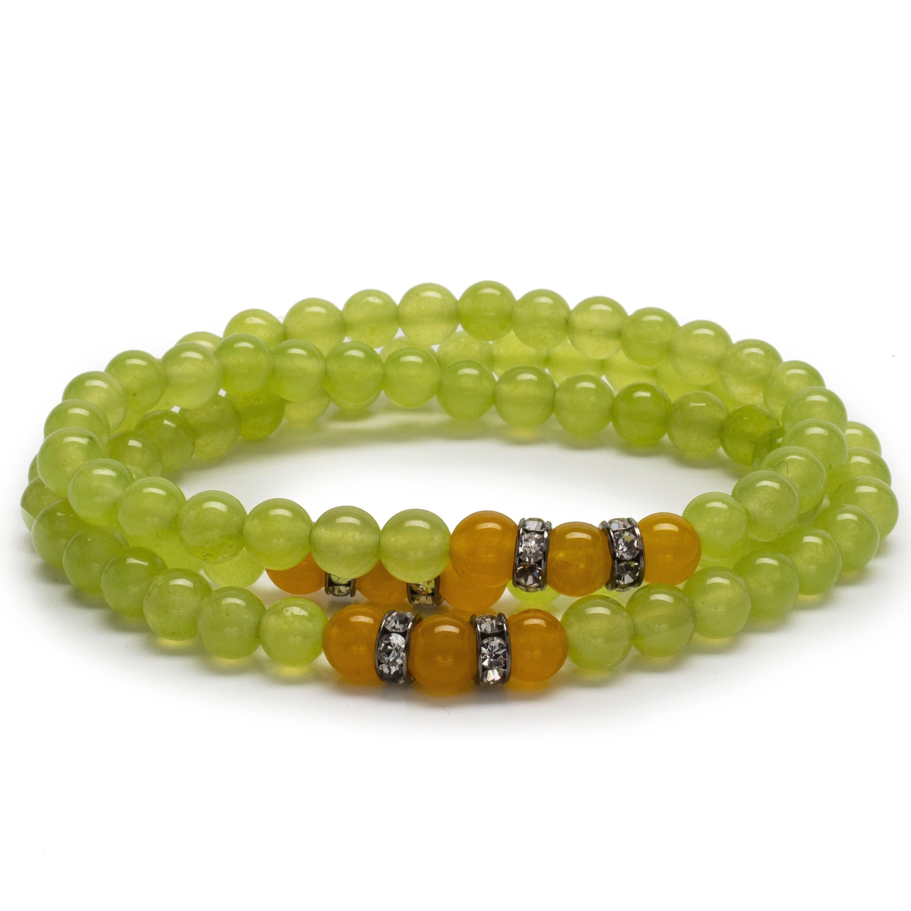 Kalifano Gemstone Bracelets Lime Green Agate 6mm Beads with Yellow Agate and Crystal Accent Beads Triple Wrap Elastic Gemstone Bracelet WHITE-BGI3-044