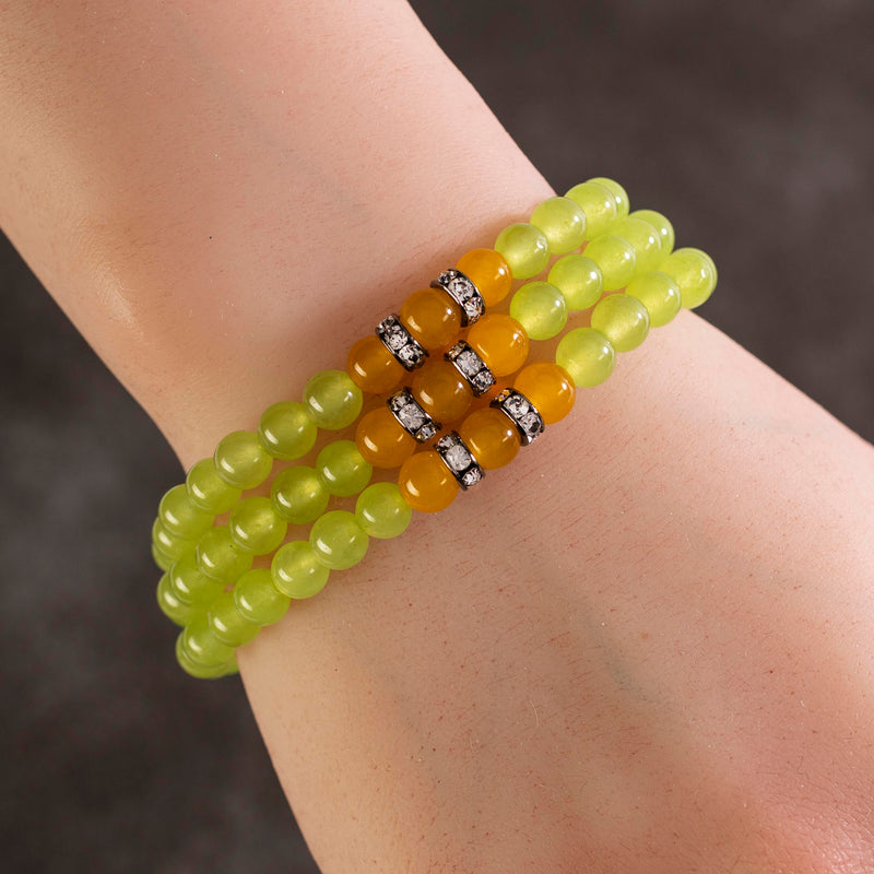 Kalifano Gemstone Bracelets Lime Green Agate 6mm Beads with Yellow Agate and Crystal Accent Beads Triple Wrap Elastic Gemstone Bracelet WHITE-BGI3-044