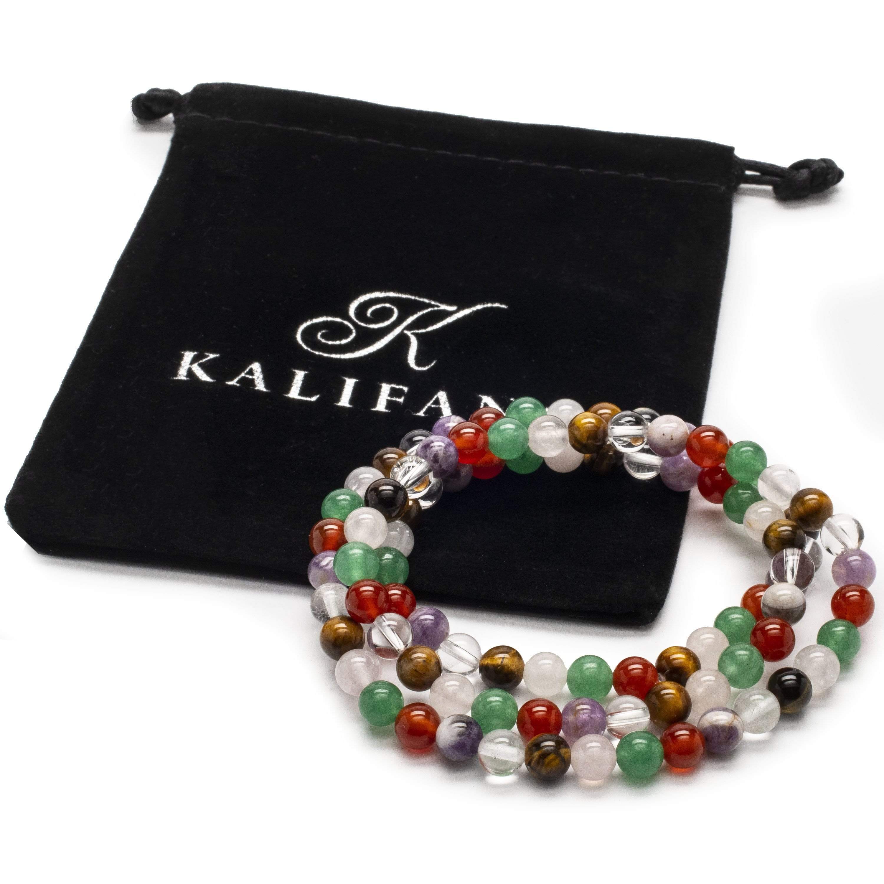 Kalifano Gemstone Bracelets Multi-Gemstone 6mm Bead Triple Wrap Elastic Bracelet WHITE-BGI3-001