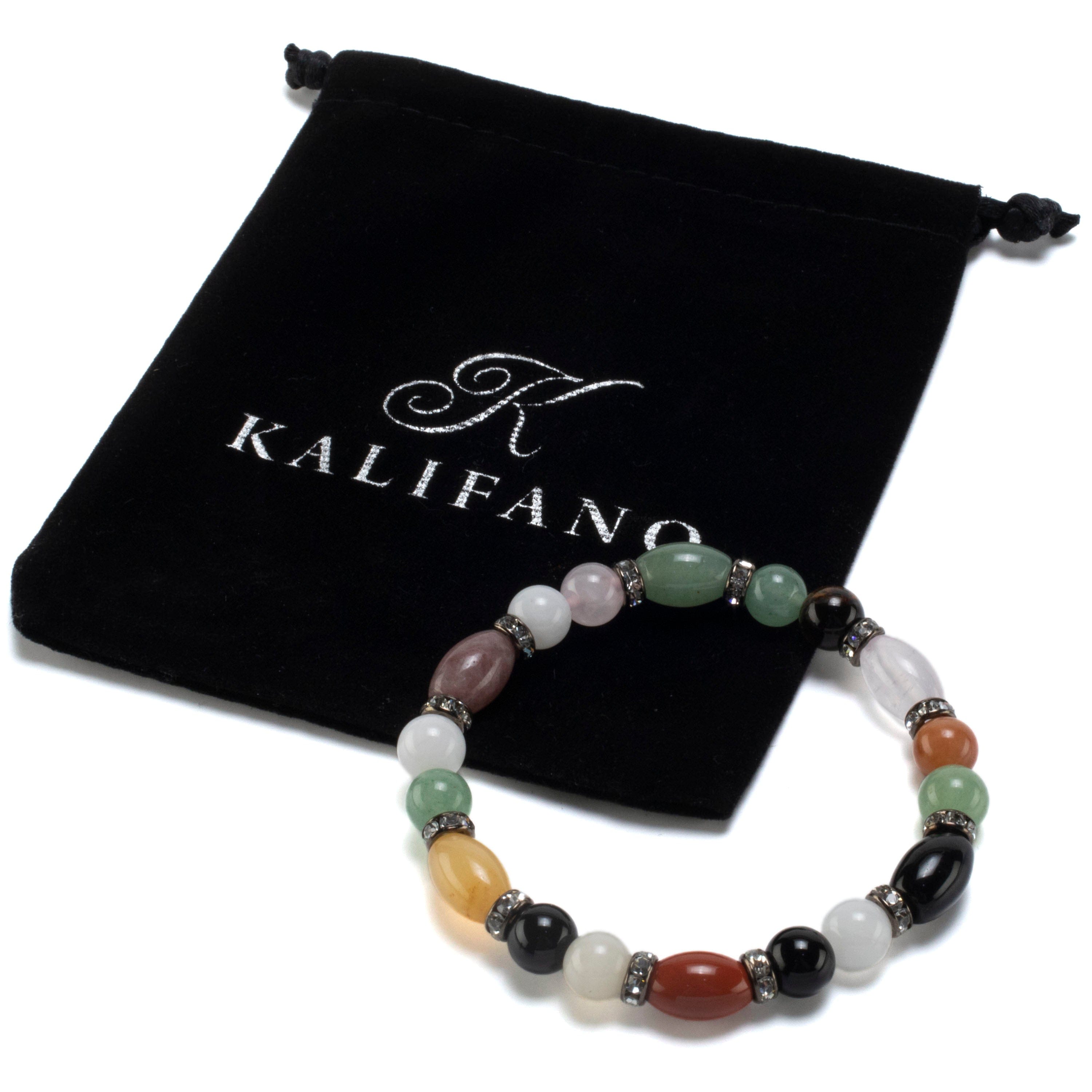 Kalifano Gemstone Bracelets Multi Gemstone Oval and Round Beads with Crystal Accent Beads Elastic Bracelet BLUE-BGP-041