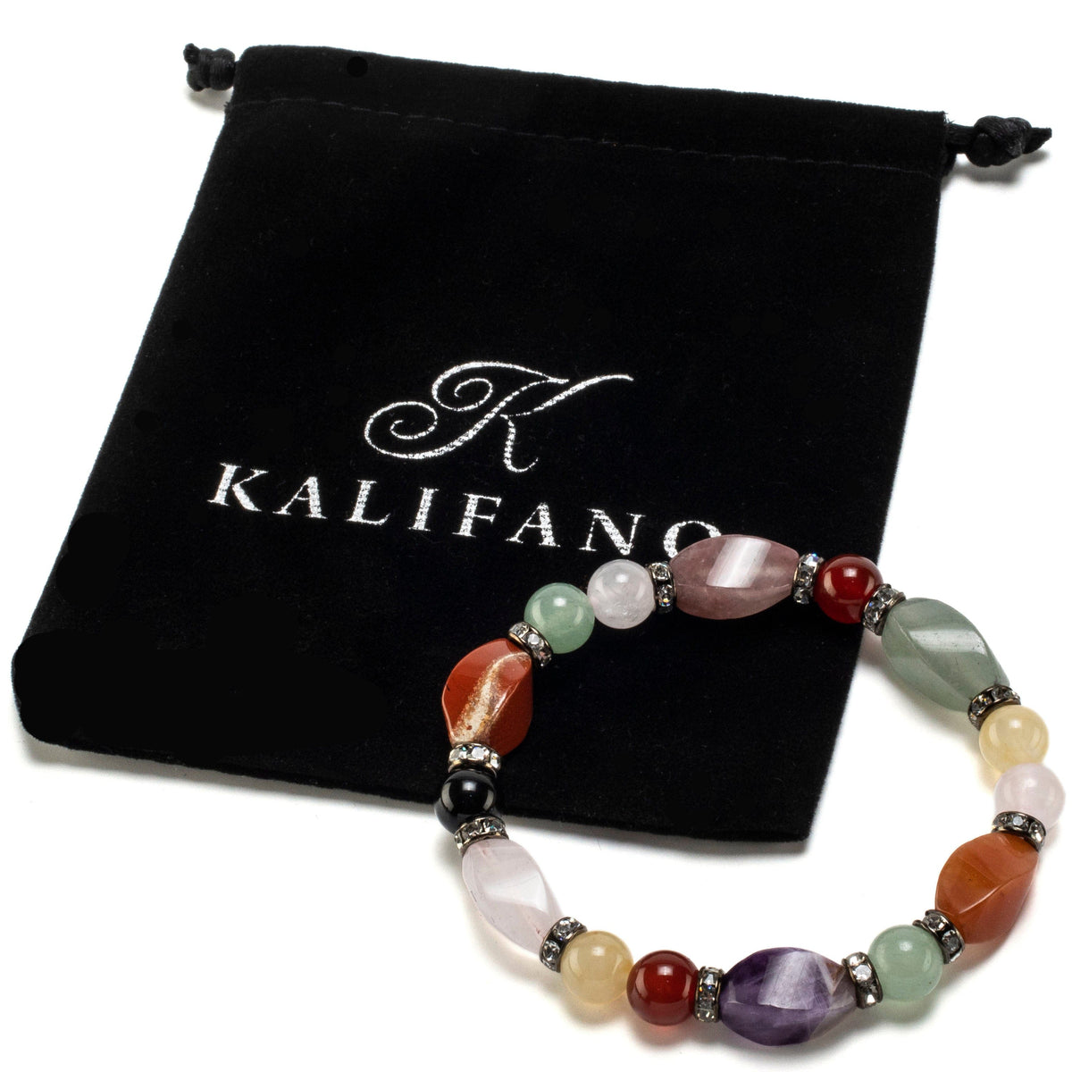 Kalifano Gemstone Bracelets Multi Gemstone Twisted and Round Beads with Crystal Accent Beads Elastic Bracelet BLUE-BGP-044