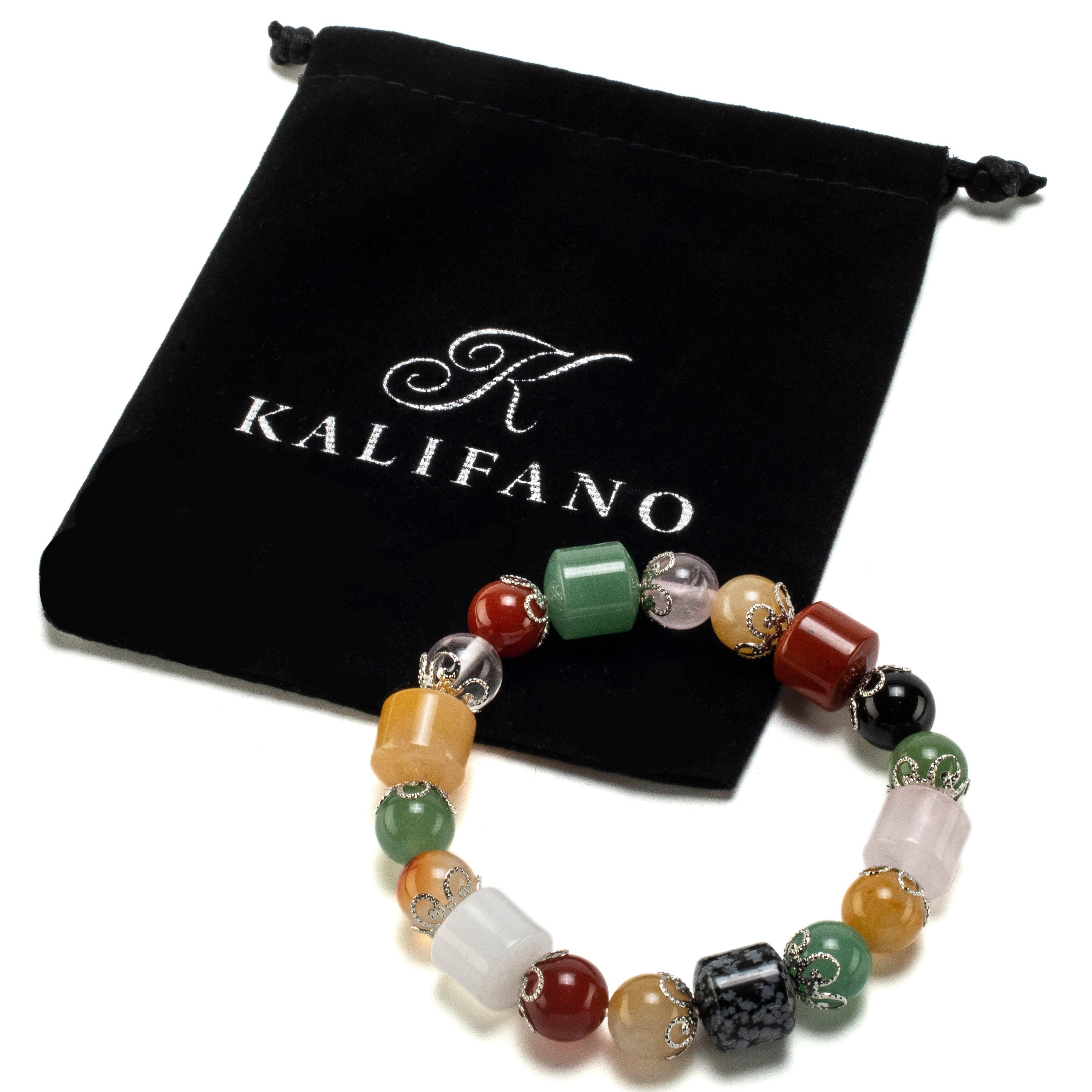 Kalifano Gemstone Bracelets Multi Gemstone with Flower Design Accents Elastic Bracelet BLUE-BGP-043
