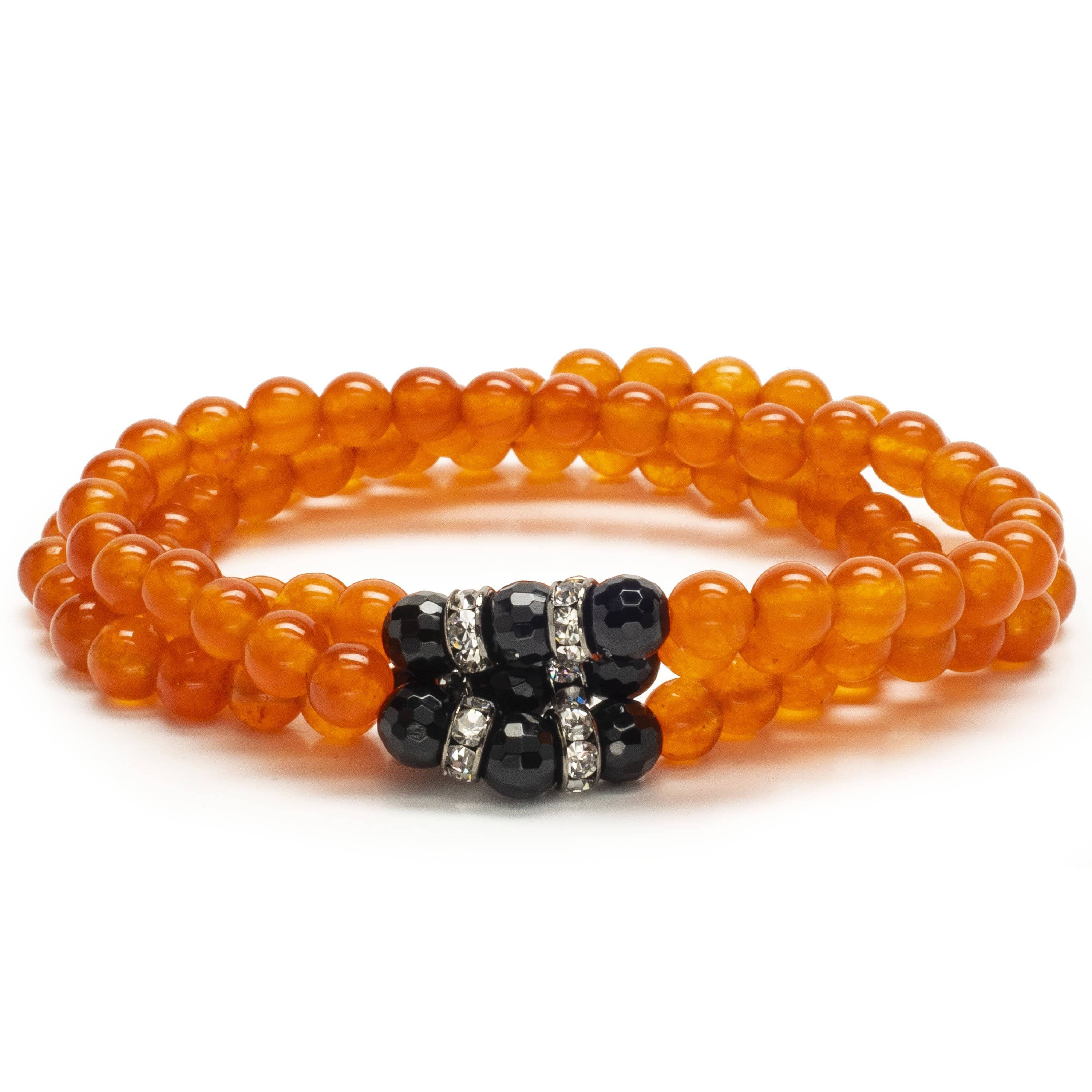 Kalifano Gemstone Bracelets Orange Agate 6mm Beads with Black Agate and Silver Crystal Accent Beads Triple Wrap Elastic Gemstone Bracelet WHITE-BGI3-060