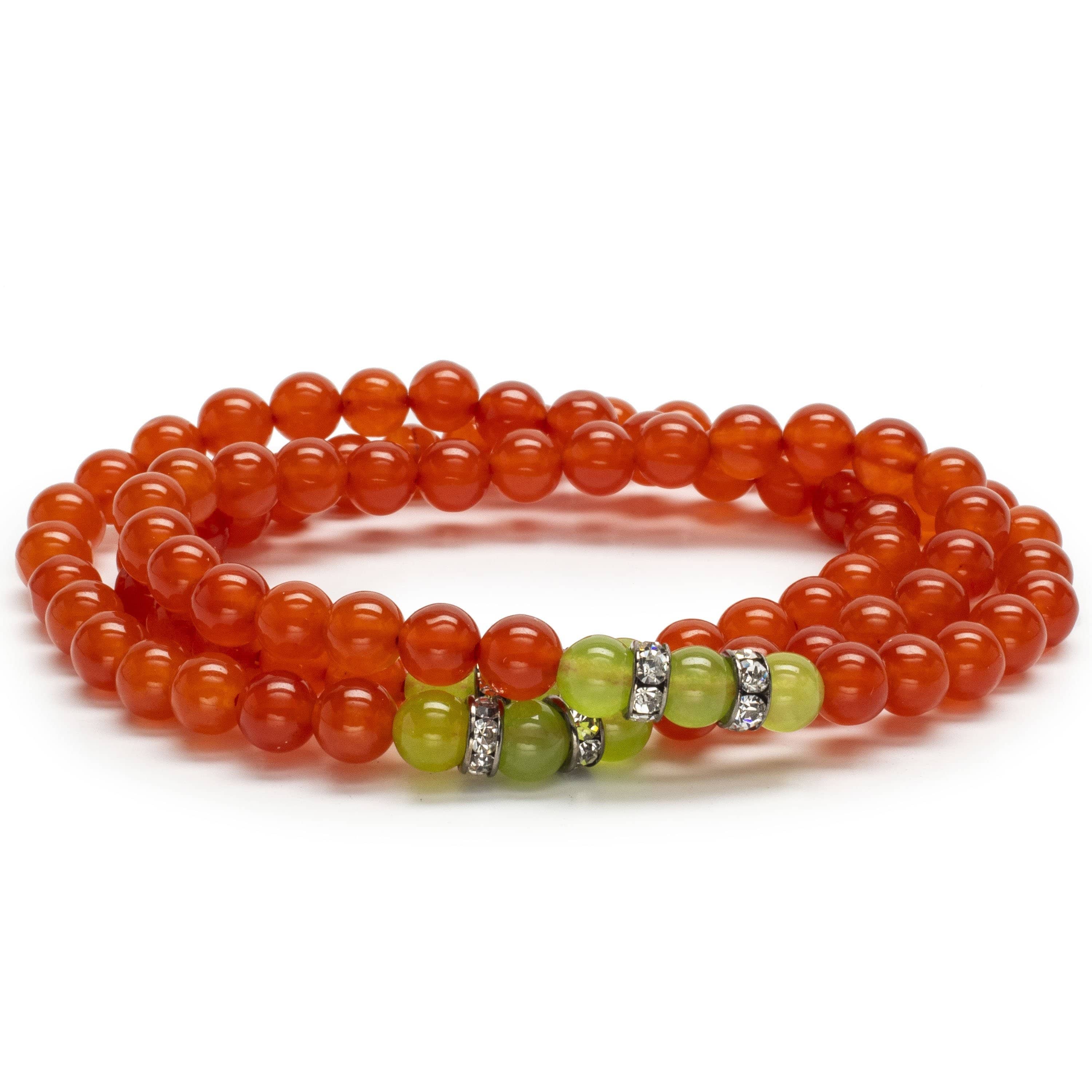 Kalifano Gemstone Bracelets Orange Agate 6mm Beads with Green Agate and Crystal Accent Beads Triple Wrap Elastic Gemstone Bracelet WHITE-BGI3-031