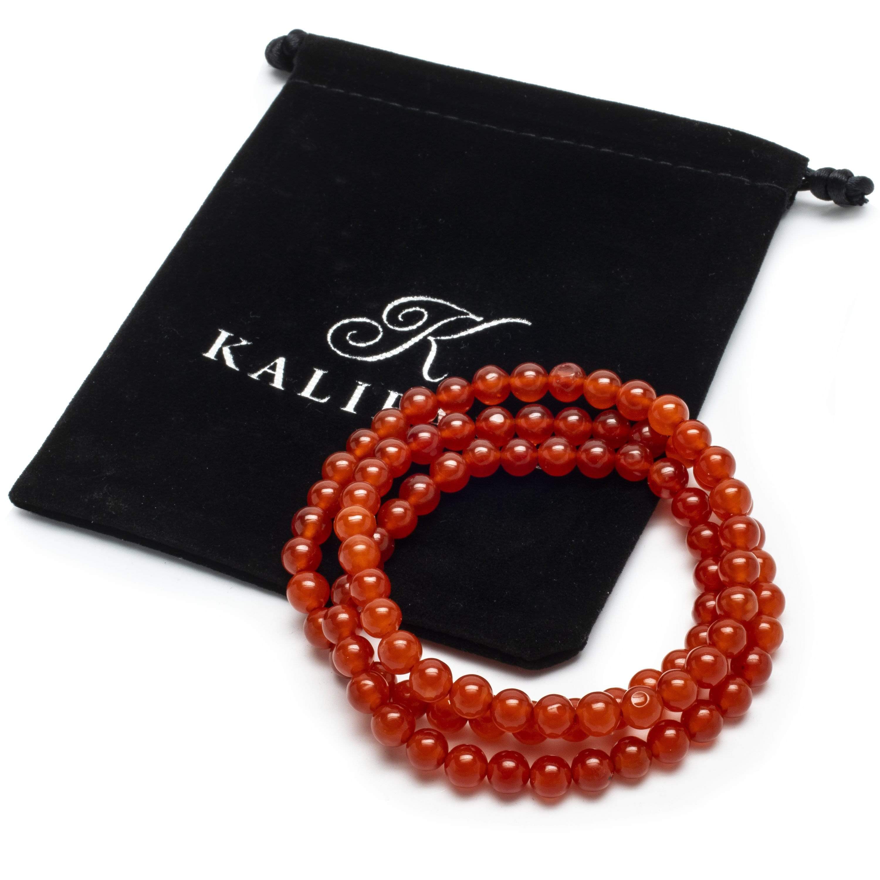 Kalifano Gemstone Bracelets Orange Agate 6mm Gemstone Bead Triple Wrap Elastic Gemstone Bracelet WHITE-BGI3-029