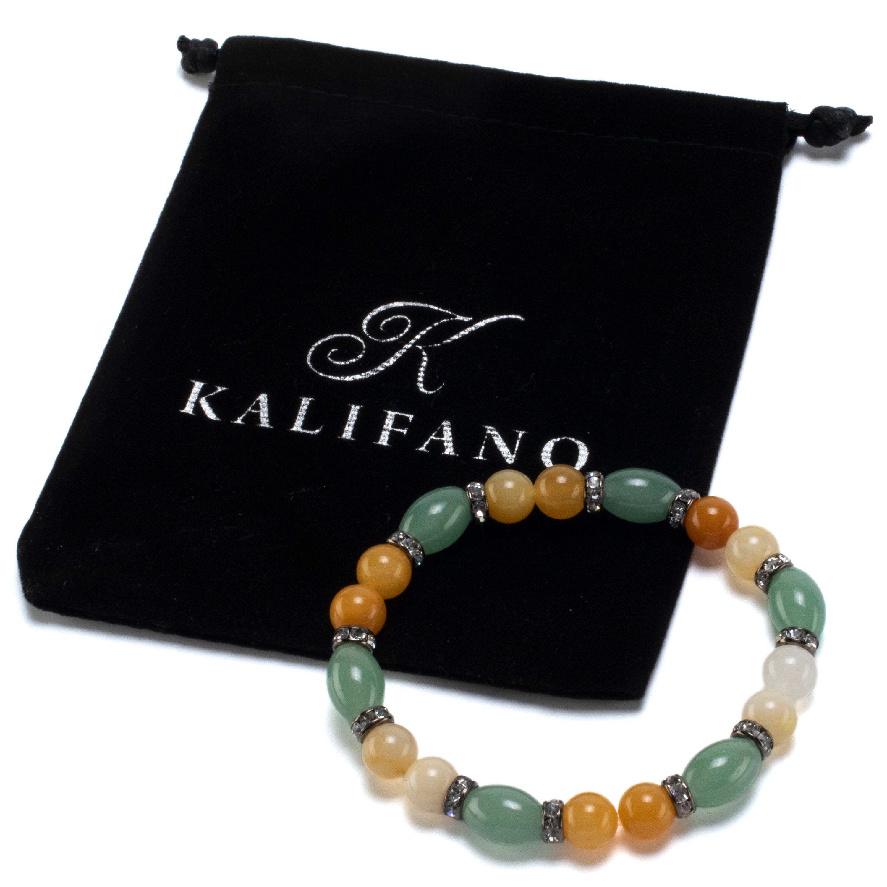 Kalifano Gemstone Bracelets Oval Aventurine and Round Butter Jade with Crystal Accent Beads Gemstone Elastic Bracelet BLUE-BGP-015