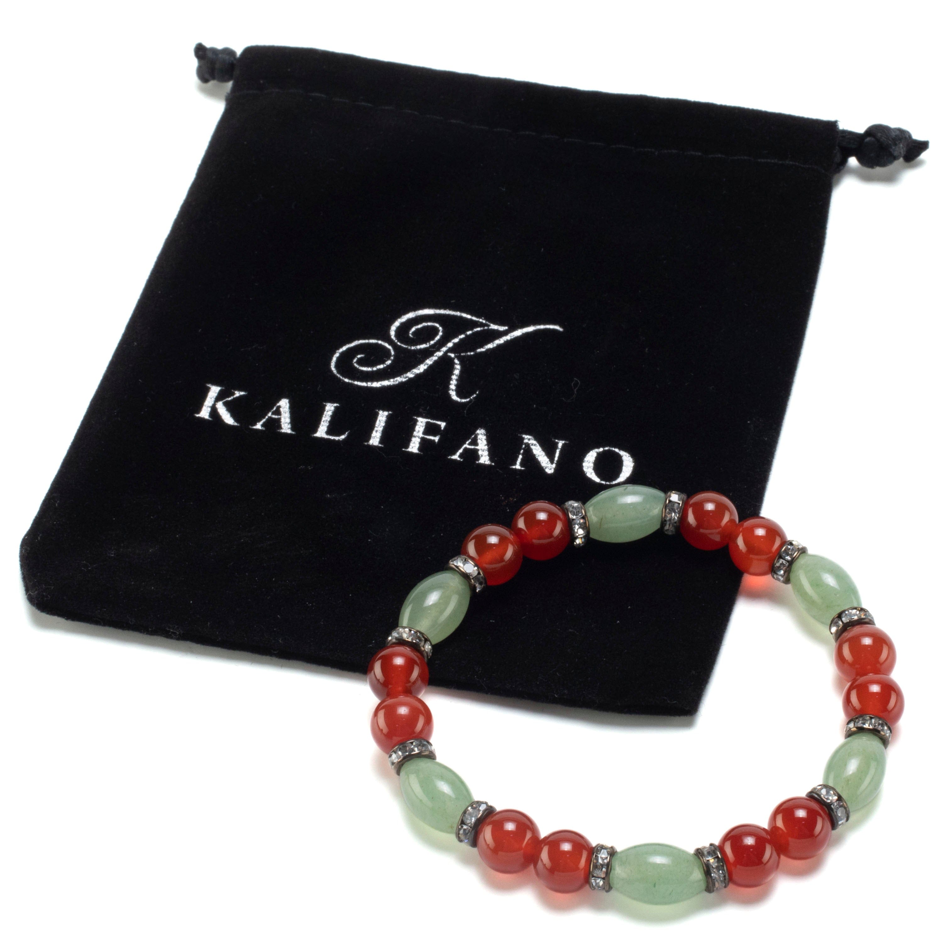 Kalifano Gemstone Bracelets Oval Aventurine and Round Carnelian with Crystal Accent Beads Gemstone Elastic Bracelet BLUE-BGP-005