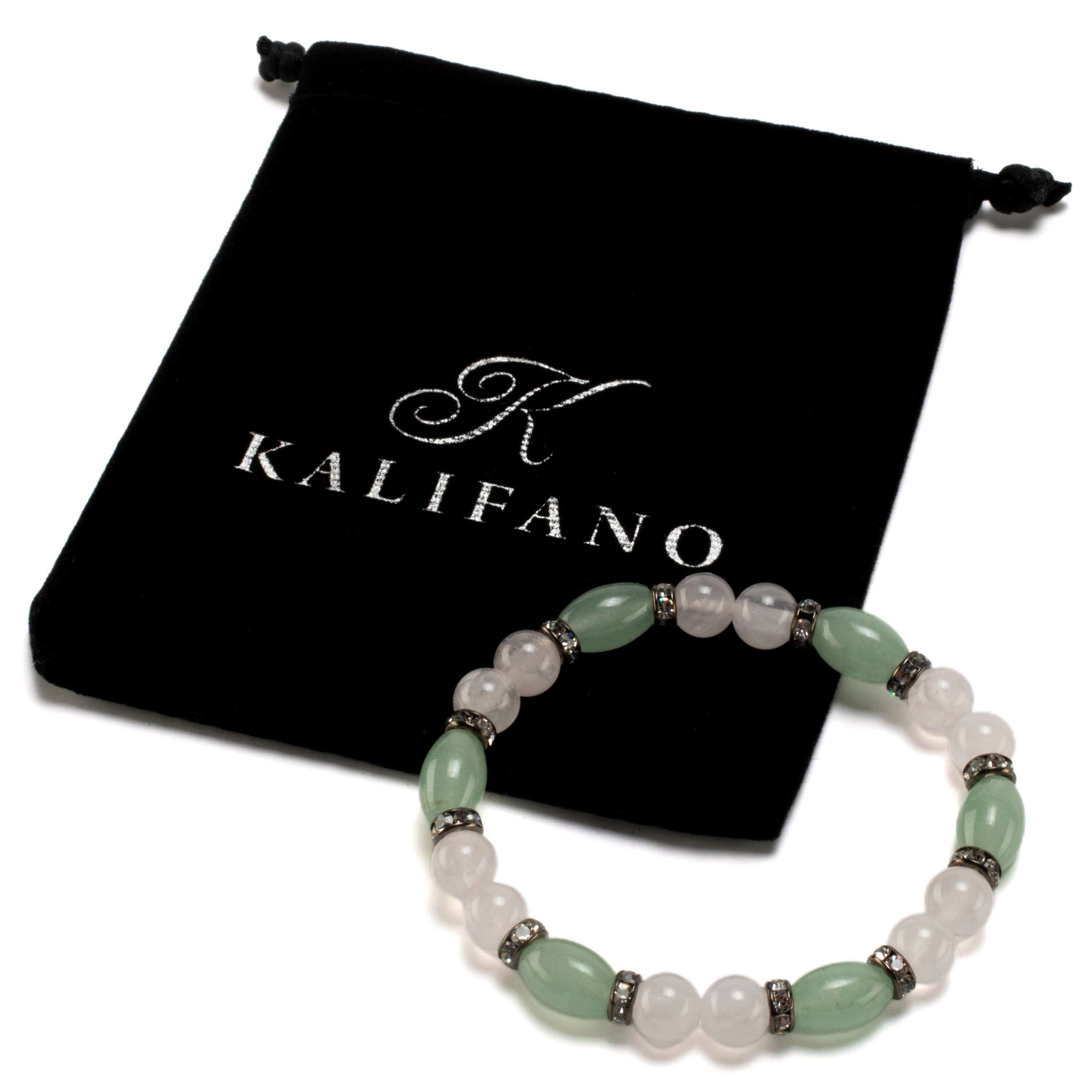 Kalifano Gemstone Bracelets Oval Aventurine and Round Rose Quartz with Crystal Accent Beads Gemstone Elastic Bracelet BLUE-BGP-031