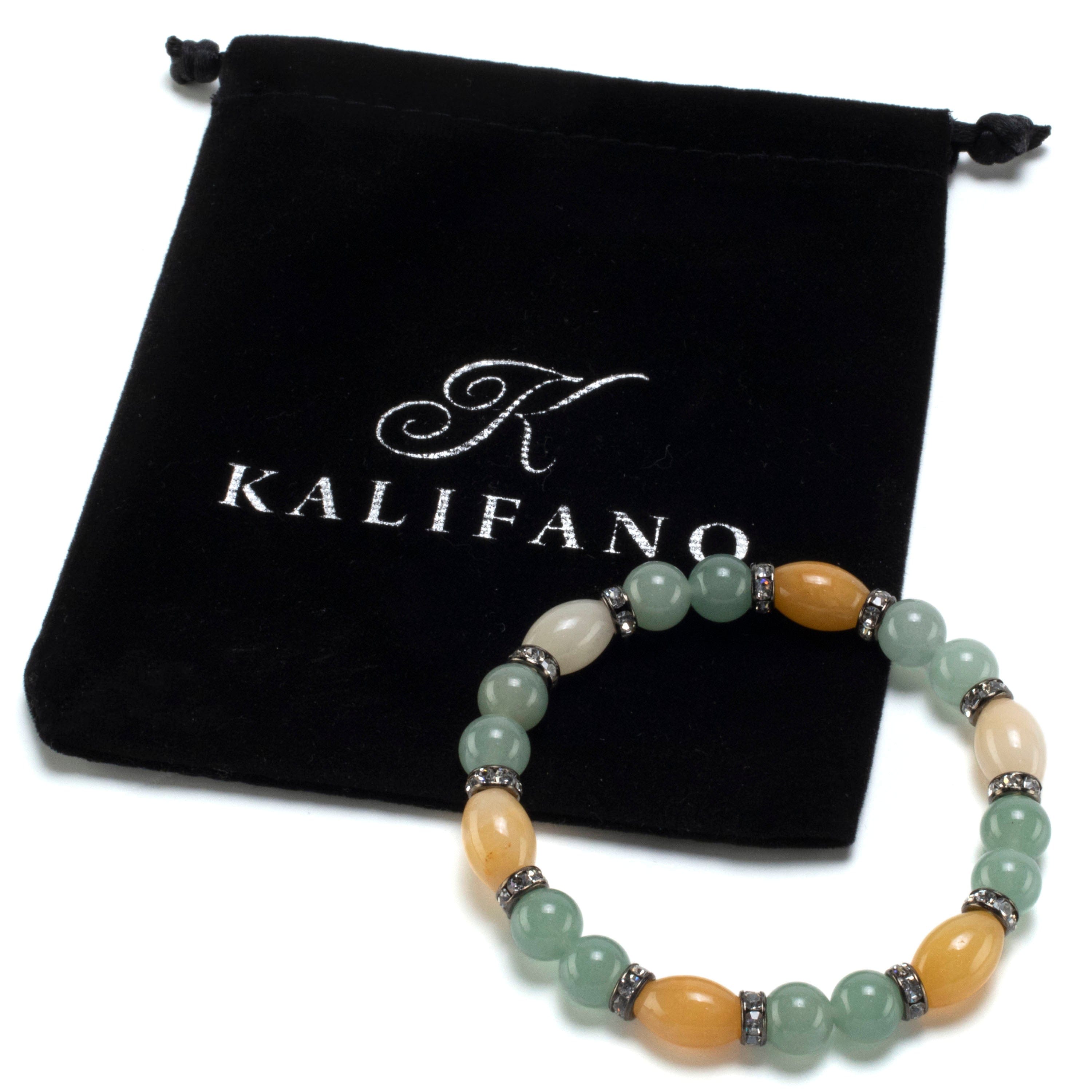 Kalifano Gemstone Bracelets Oval Butter Jade and Round Aventurine with Crystal Accent Beads Gemstone Elastic Bracelet BLUE-BGP-022