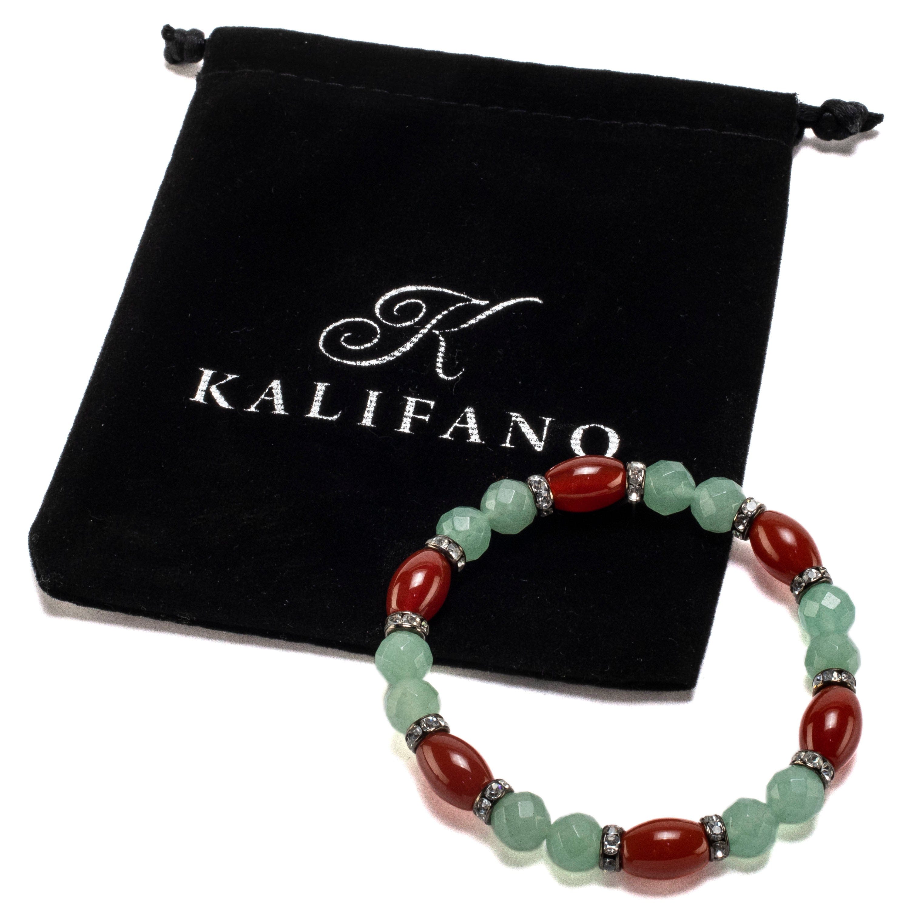 Kalifano Gemstone Bracelets Oval Carnelian and Round Faceted Aventurine with Crystal Accent Beads Gemstone Elastic Bracelet BLUE-BGP-007