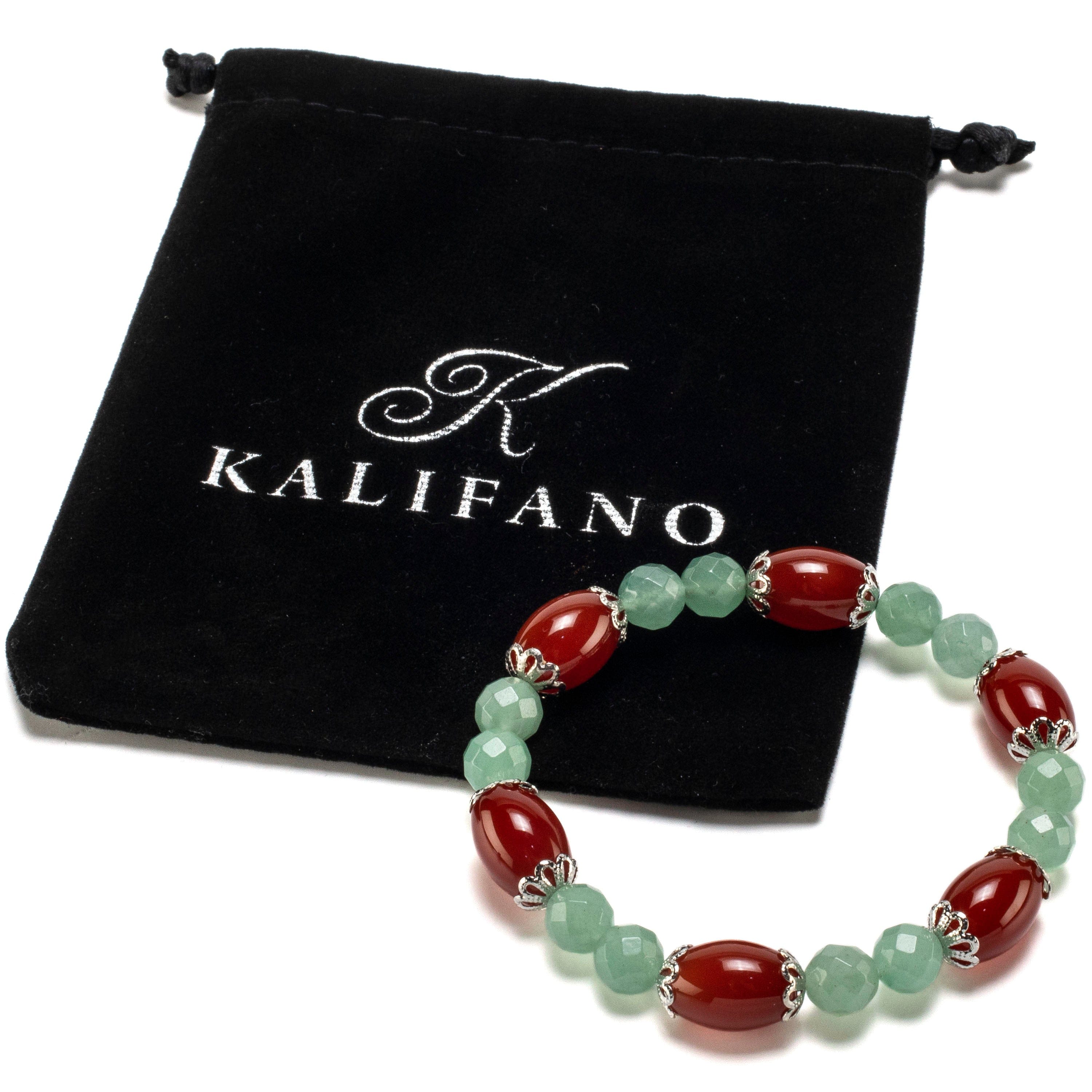 Kalifano Gemstone Bracelets Oval Carnelian and Round Faceted Aventurine with Crystal Accent Beads Gemstone Elastic Bracelet BLUE-BGP-009