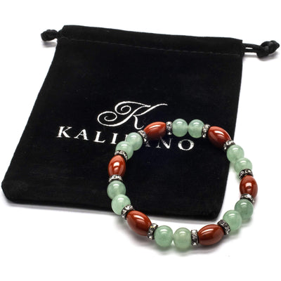 Kalifano Gemstone Bracelets Oval Carnelian with Round Aventurine Beads and Crystal Accents Gemstone Elastic Bracelet WHITE-BGP-031