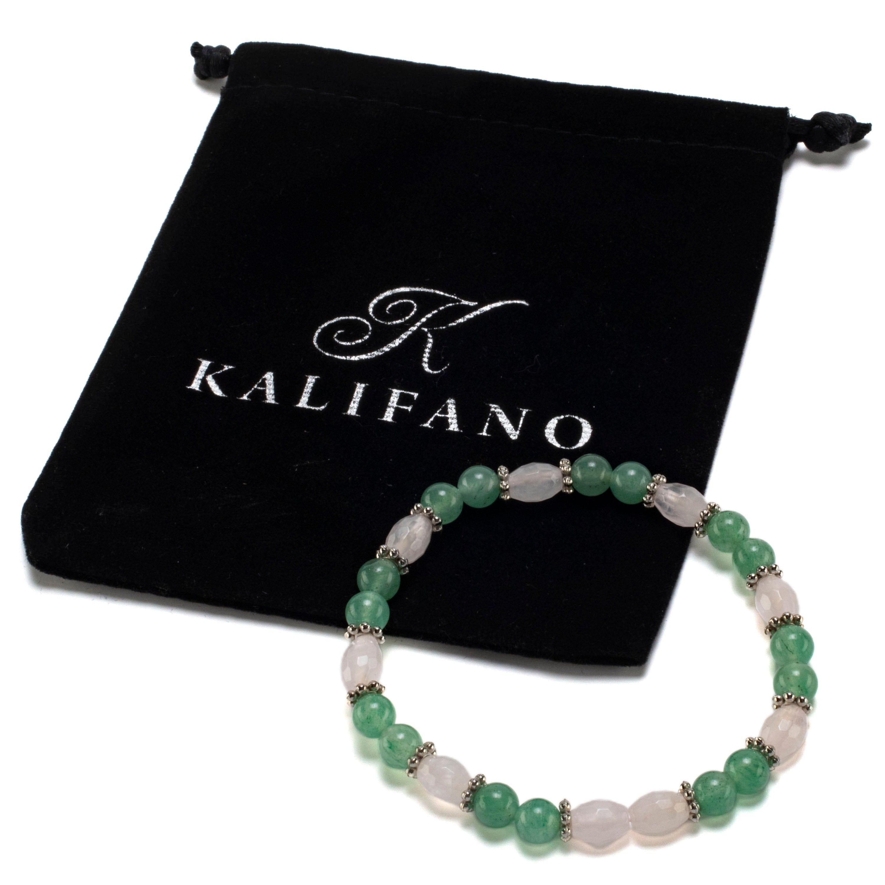 Kalifano Gemstone Bracelets Oval Rose Quartz and Round Aventurine with Crystal Accent Beads Gemstone Elastic Bracelet BLUE-BGP-013