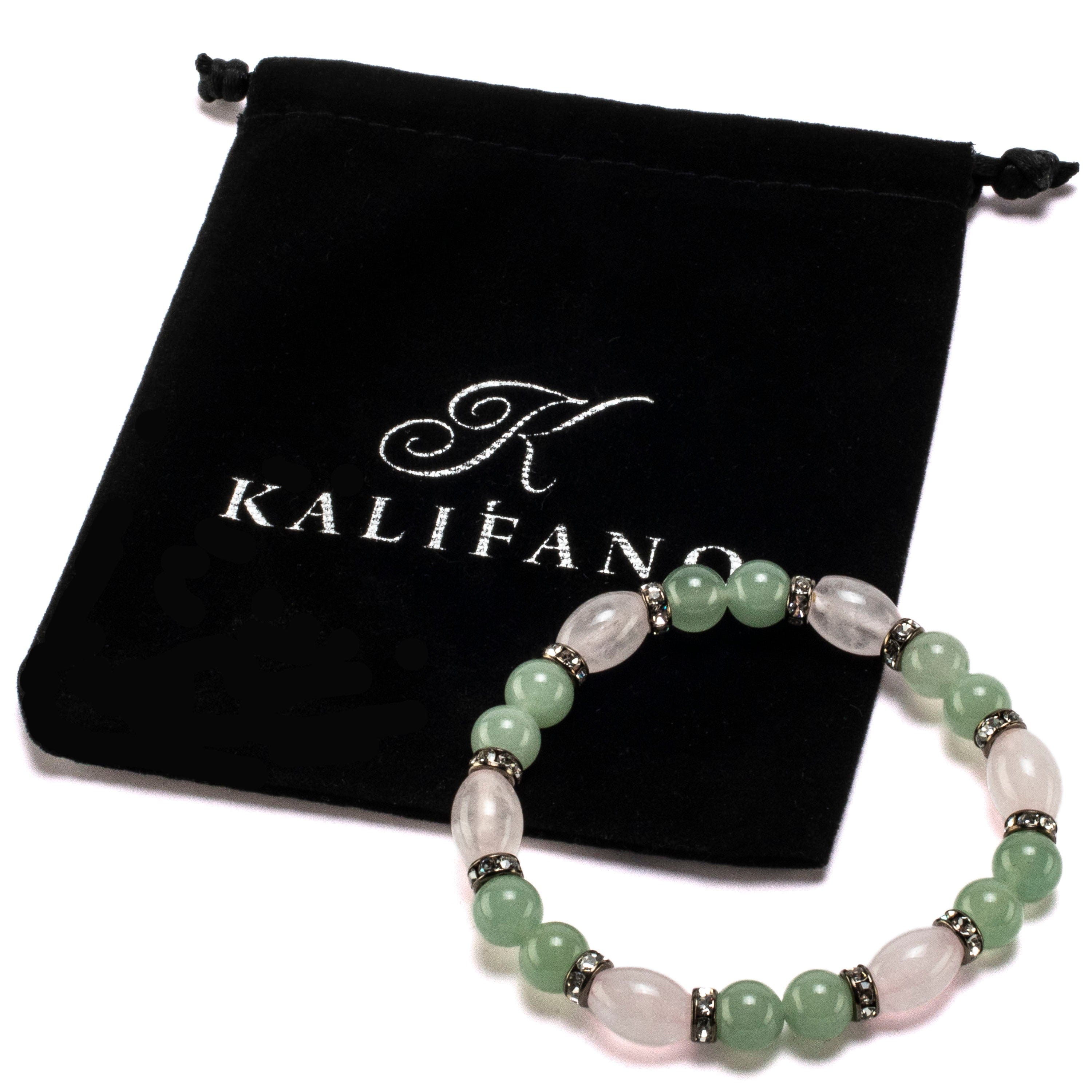 Kalifano Gemstone Bracelets Oval Rose Quartz and Round Aventurine with Crystal Accent Beads Gemstone Elastic Bracelet BLUE-BGP-034