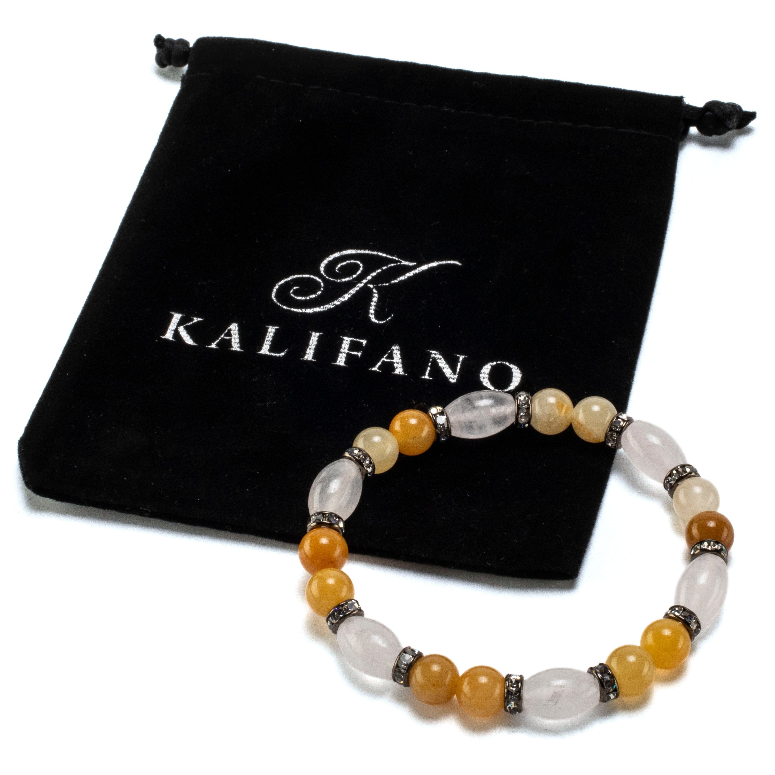 Kalifano Gemstone Bracelets Oval Rose Quartz and Round Butter Jade with Crystal Accent Beads Gemstone Elastic Bracelet BLUE-BGP-027
