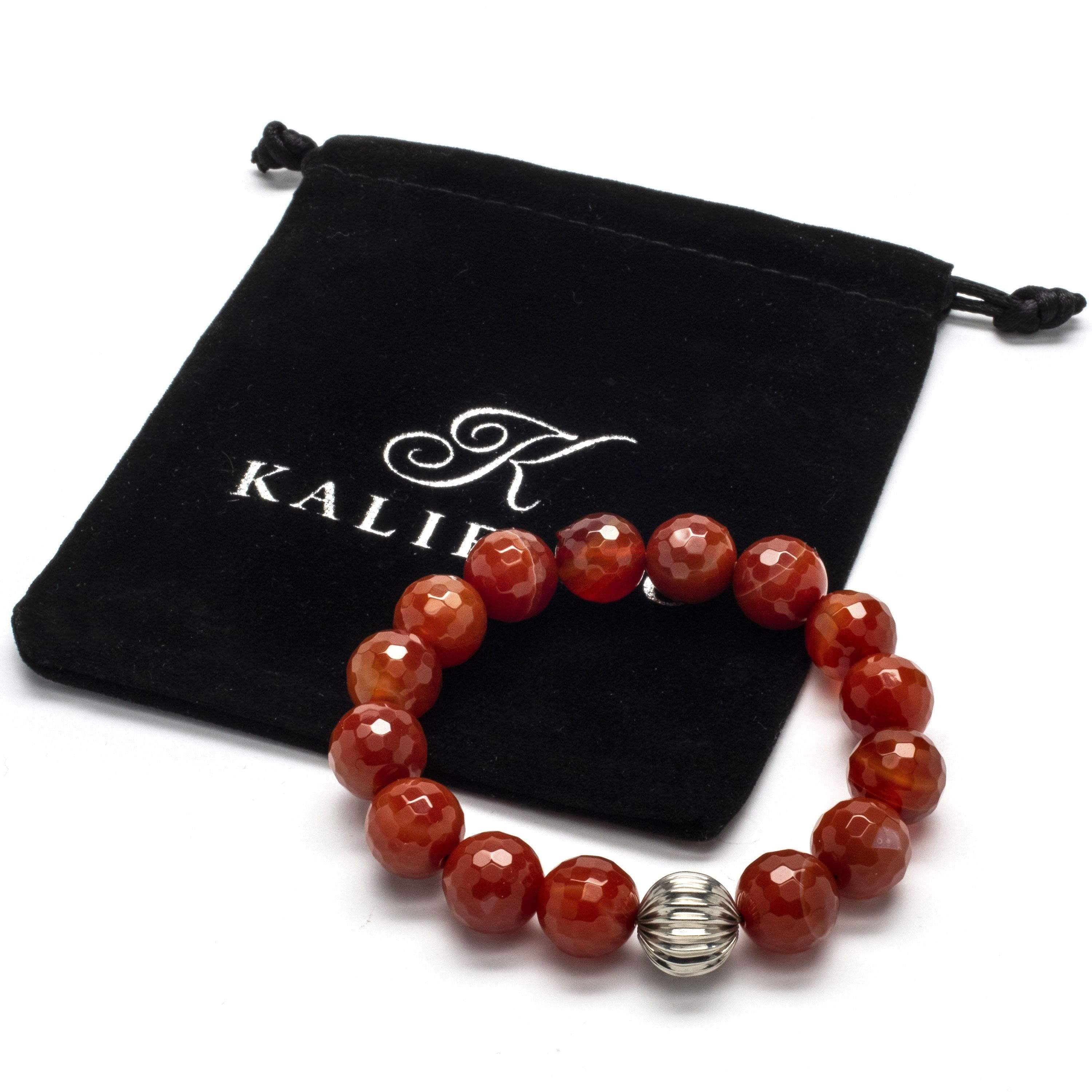 Kalifano Gemstone Bracelets PLAT-BGP-014 - Faceted Carnelian 12mm Gemstone Bead Elastic Bracelet with Silver Accent Bead PLAT-BGP-014