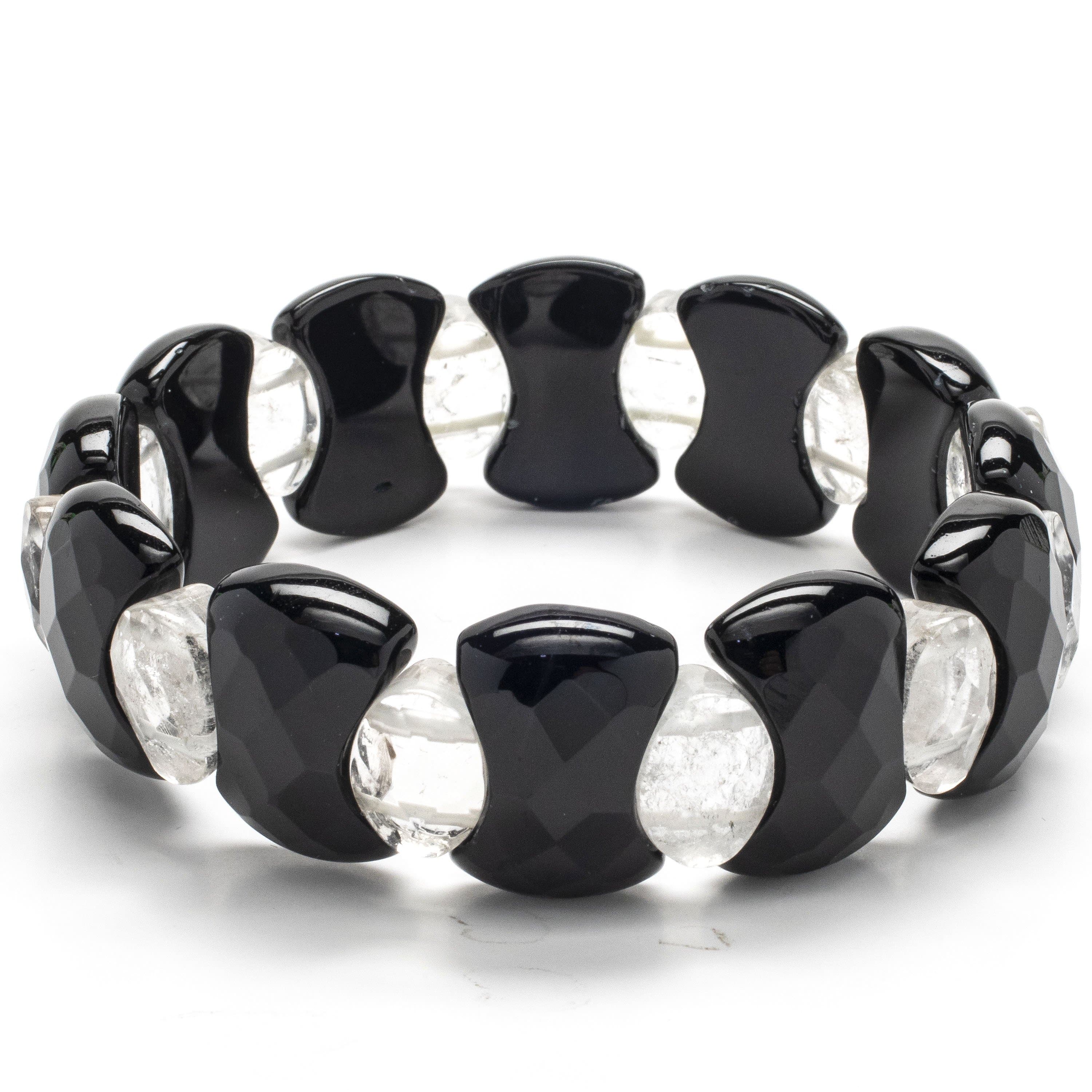 Kalifano Gemstone Bracelets PLAT-BGP-015 - Faceted Black Agate with Quartz Oval Accents Gemstone Elastic Bracelet PLAT-BGP-015