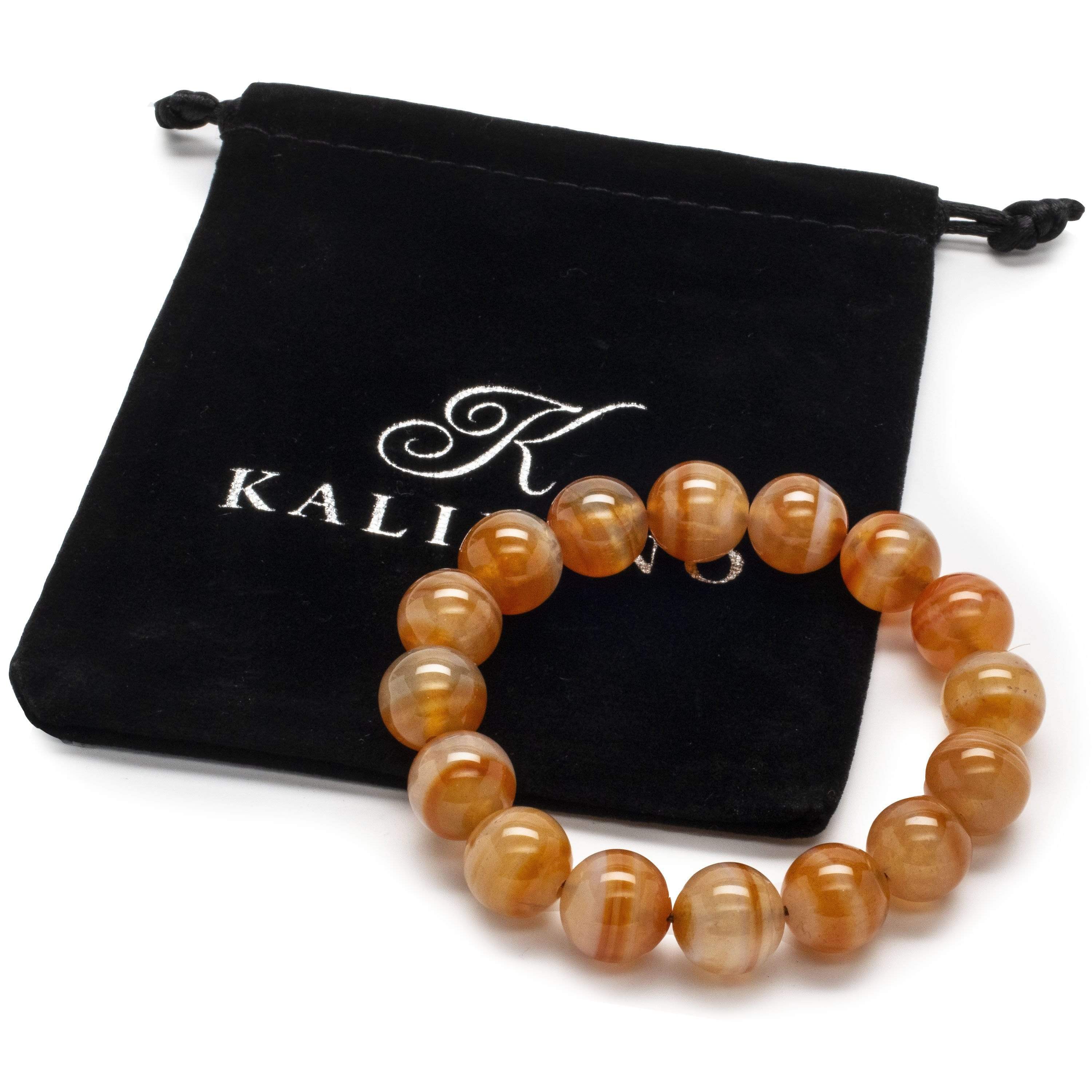 Kalifano Gemstone Bracelets Polished Banded Carnelian 12mm Gemstone Bead Elastic Bracelet RED-BGP-015