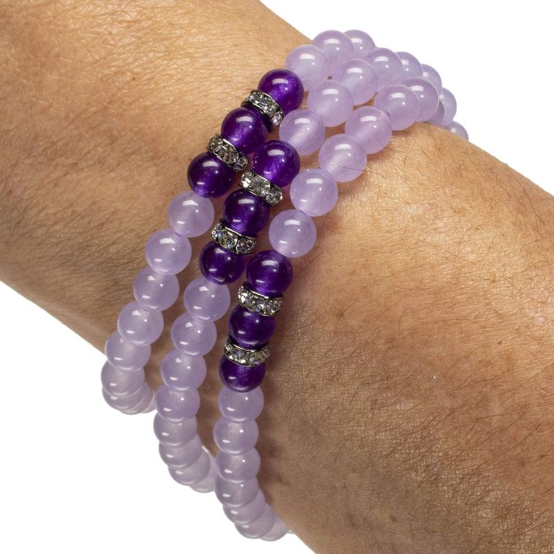 Kalifano Gemstone Bracelets Purple Agate 6mm Beads with Amethyst and Crystal Accent Beads Triple Wrap Elastic Gemstone Bracelet WHITE-BGI3-026