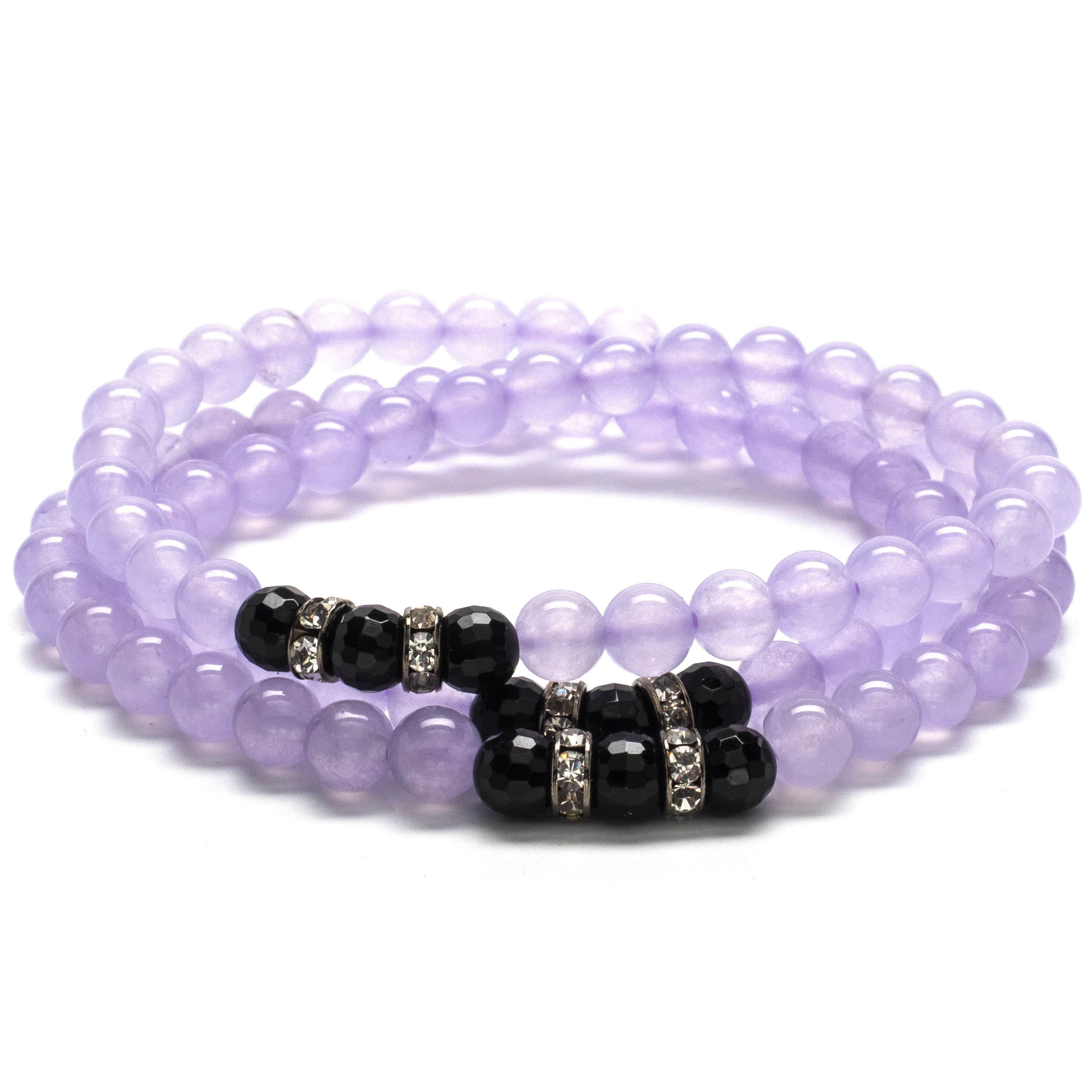 Kalifano Gemstone Bracelets Purple Agate 6mm Beads with Black Agate and Crystal Accent Beads Triple Wrap Elastic Gemstone Bracelet WHITE-BGI3-027