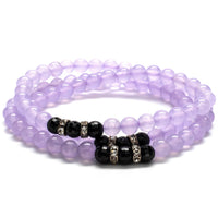 Purple Agate 6mm Beads with Black Agate and Crystal Accent Beads Triple Wrap Elastic Gemstone Bracelet Main Image
