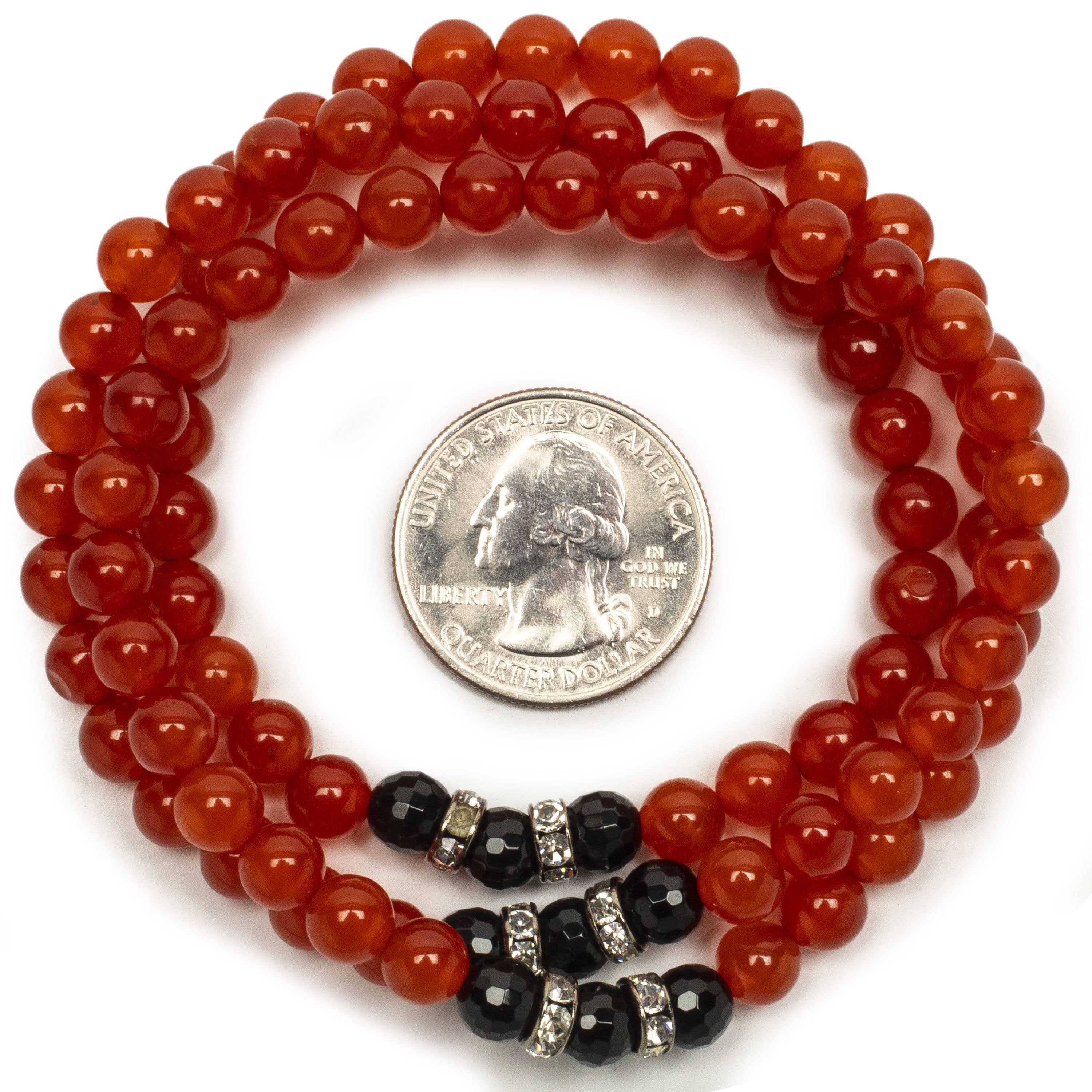 Kalifano Gemstone Bracelets Red Agate 6mm Beads with Black Agate and Silver Crystal Accent Beads Triple Wrap Elastic Gemstone Bracelet WHITE-BGI3-061