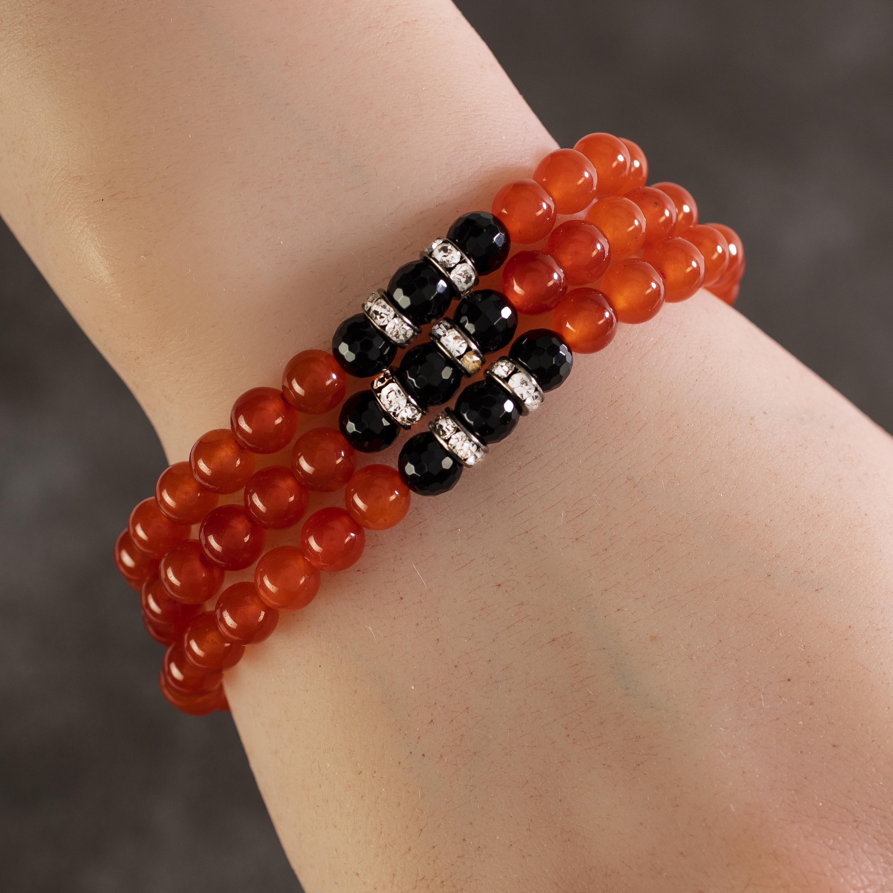 Kalifano Gemstone Bracelets Red Agate 6mm Beads with Black Agate and Silver Crystal Accent Beads Triple Wrap Elastic Gemstone Bracelet WHITE-BGI3-061