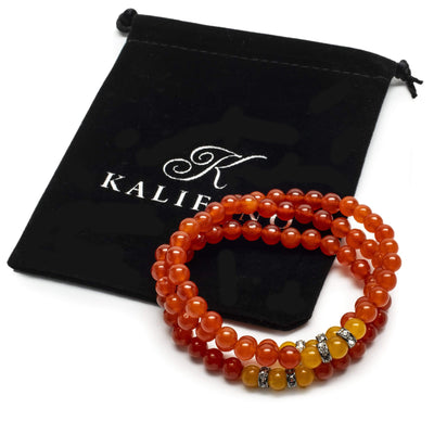 Kalifano Gemstone Bracelets Red Agate 6mm Beads with Yellow Agate and Silver Crystal Accent Beads Triple Wrap Elastic Gemstone Bracelet WHITE-BGI3-062