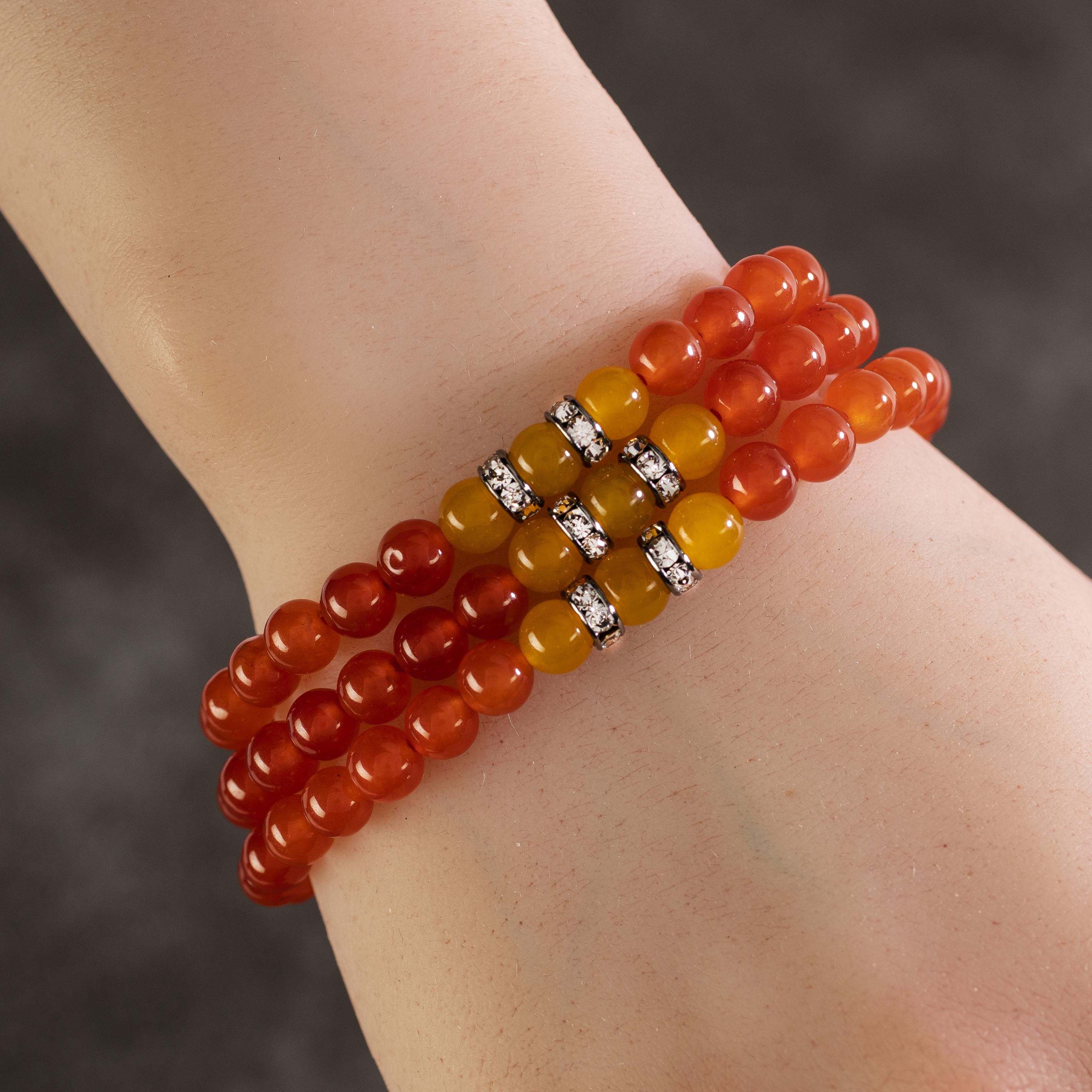 Kalifano Gemstone Bracelets Red Agate 6mm Beads with Yellow Agate and Silver Crystal Accent Beads Triple Wrap Elastic Gemstone Bracelet WHITE-BGI3-062
