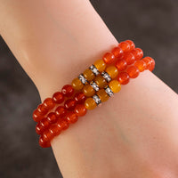 Red Agate 6mm Beads with Yellow Agate and Silver Crystal Accent Beads Triple Wrap Elastic Gemstone Bracelet Main Image