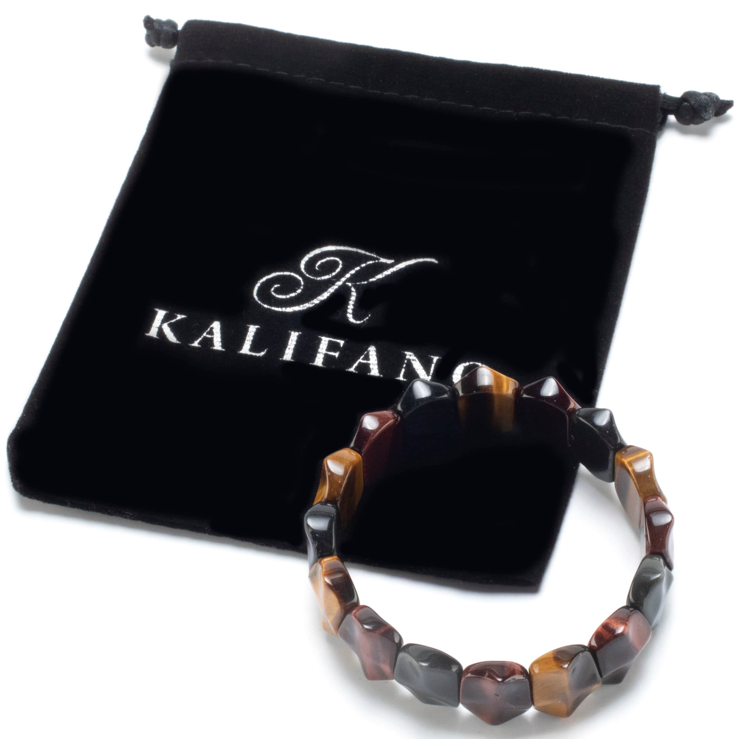 Kalifano Gemstone Bracelets Red, Blue, and Yellow Tiger Eye 8mm Oval Bead Gemstone Elastic Bracelet WHITE-BGP-050