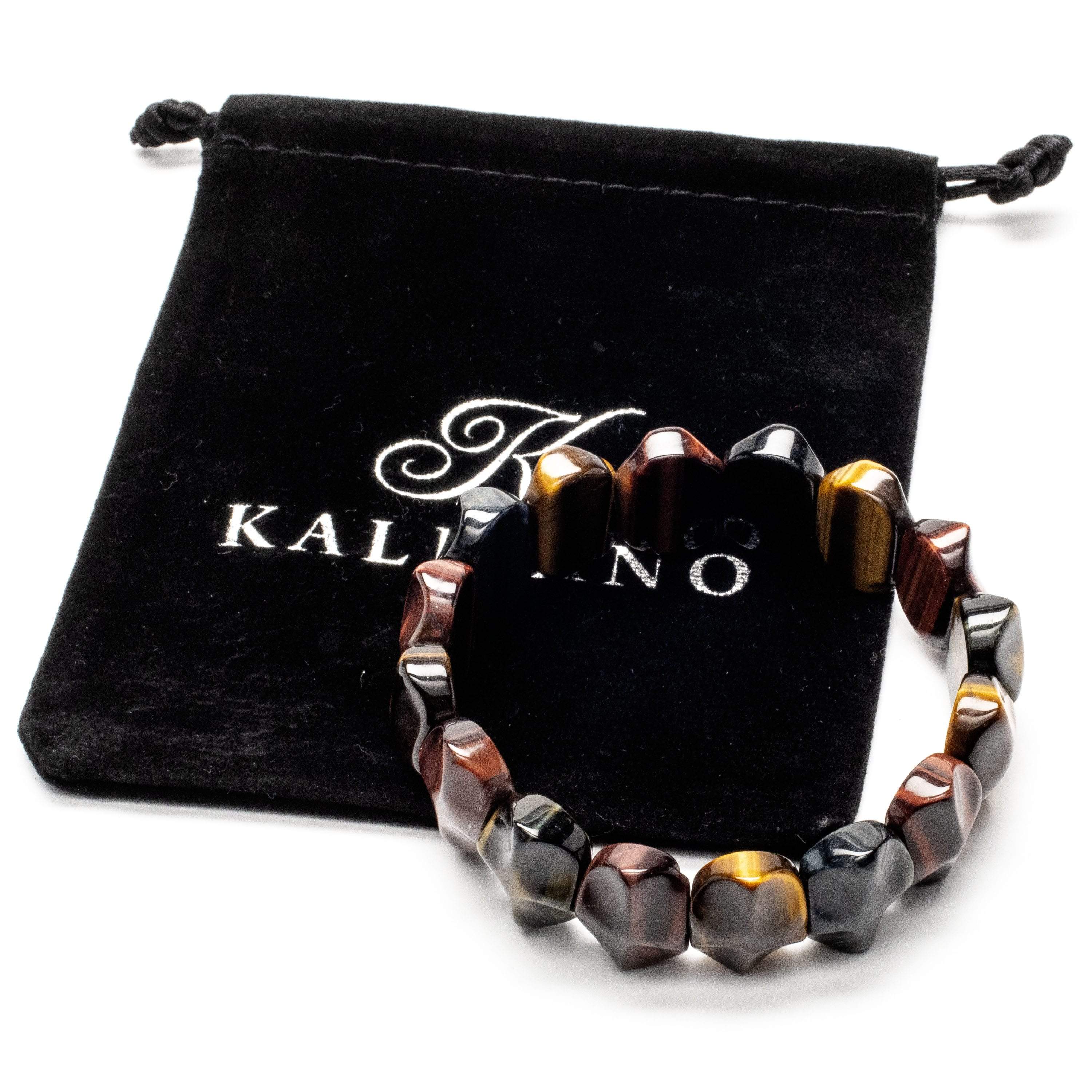 Kalifano Gemstone Bracelets Red, Blue, and Yellow Tiger Eye Gemstone Elastic Bracelet WHITE-BGP-044
