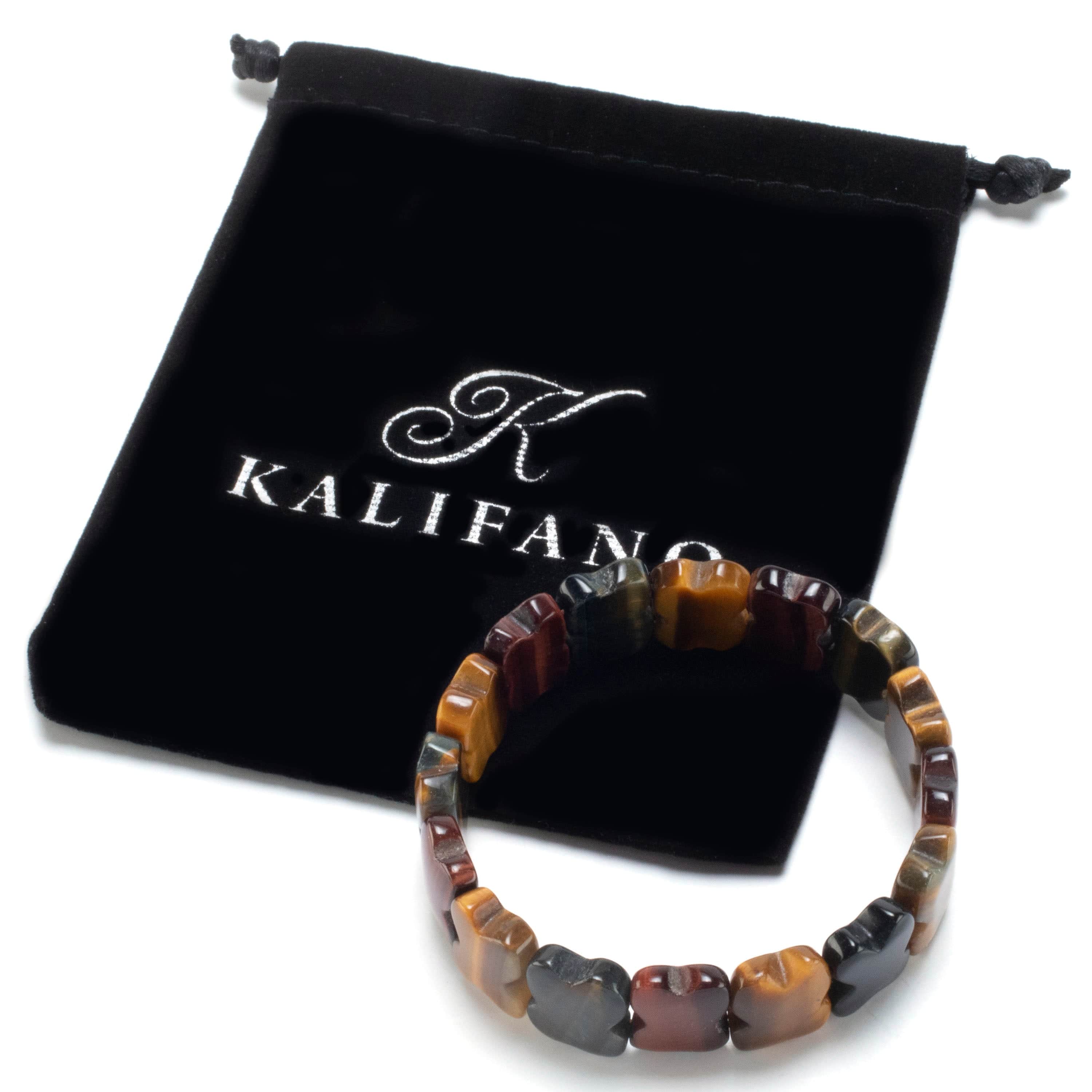 Kalifano Gemstone Bracelets Red, Blue, and Yellow Tiger Eye Gemstone Elastic Bracelet WHITE-BGP-052