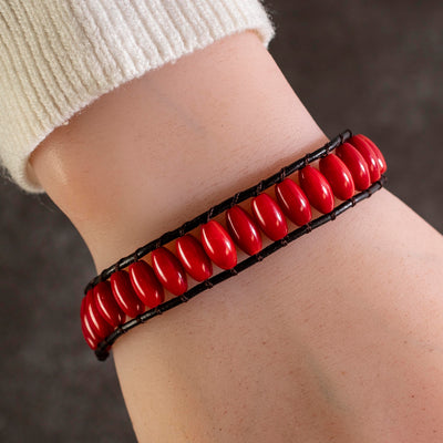 Kalifano Gemstone Bracelets Red Coral Leather Rope Wrap Bracelet RED-BGP-022