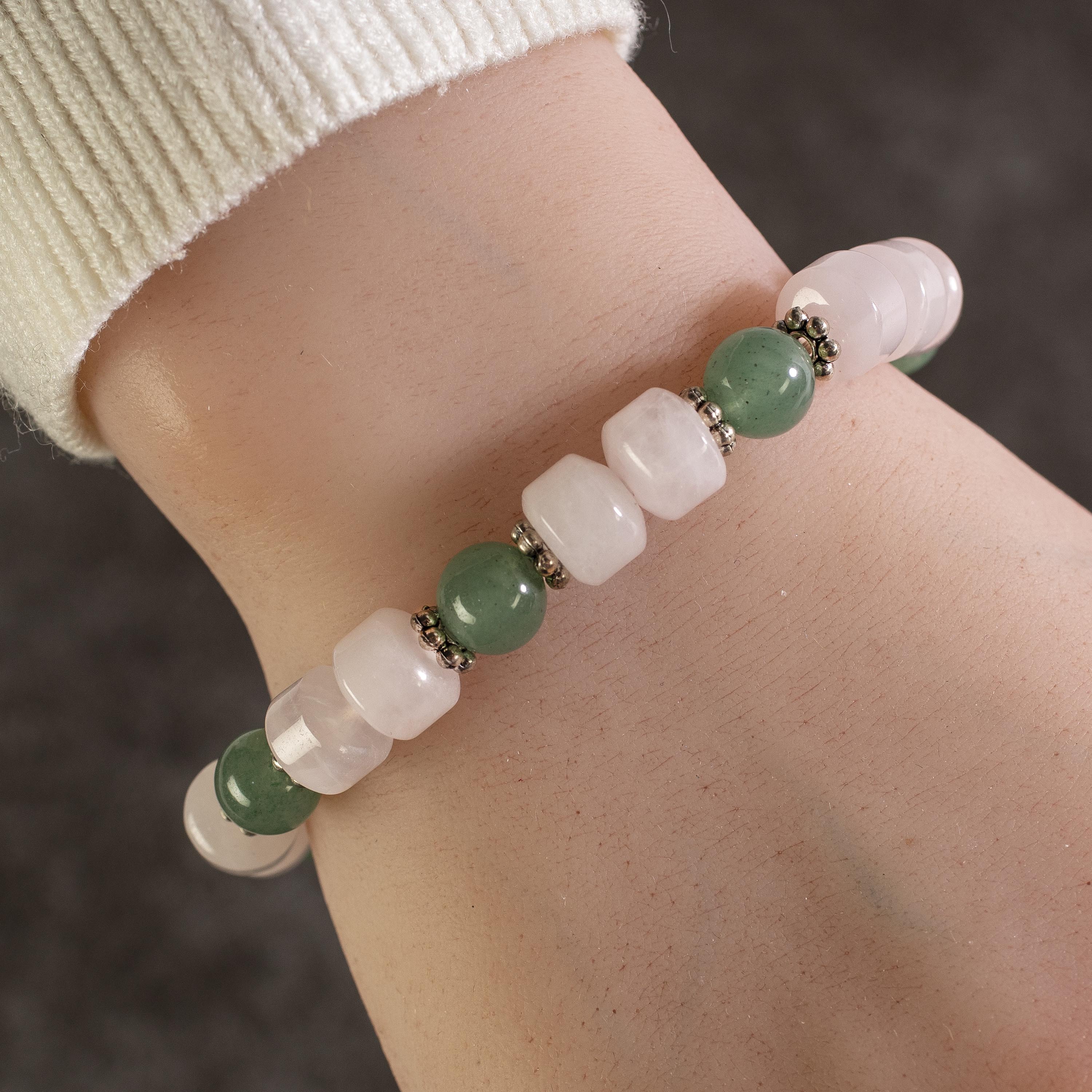 Kalifano Gemstone Bracelets Rose Quartz and Aventurine Gemstone Elastic Bracelet with Crystal Accent Beads WHITE-BGP-010
