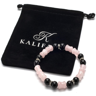 Kalifano Gemstone Bracelets Rose Quartz and Black Agate Crystal Accent Beads Gemstone Elastic Bracelet WHITE-BGP-033