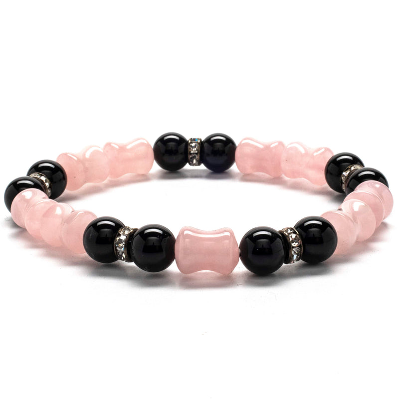Kalifano Gemstone Bracelets Rose Quartz and Black Agate Crystal Accent Beads Gemstone Elastic Bracelet WHITE-BGP-033