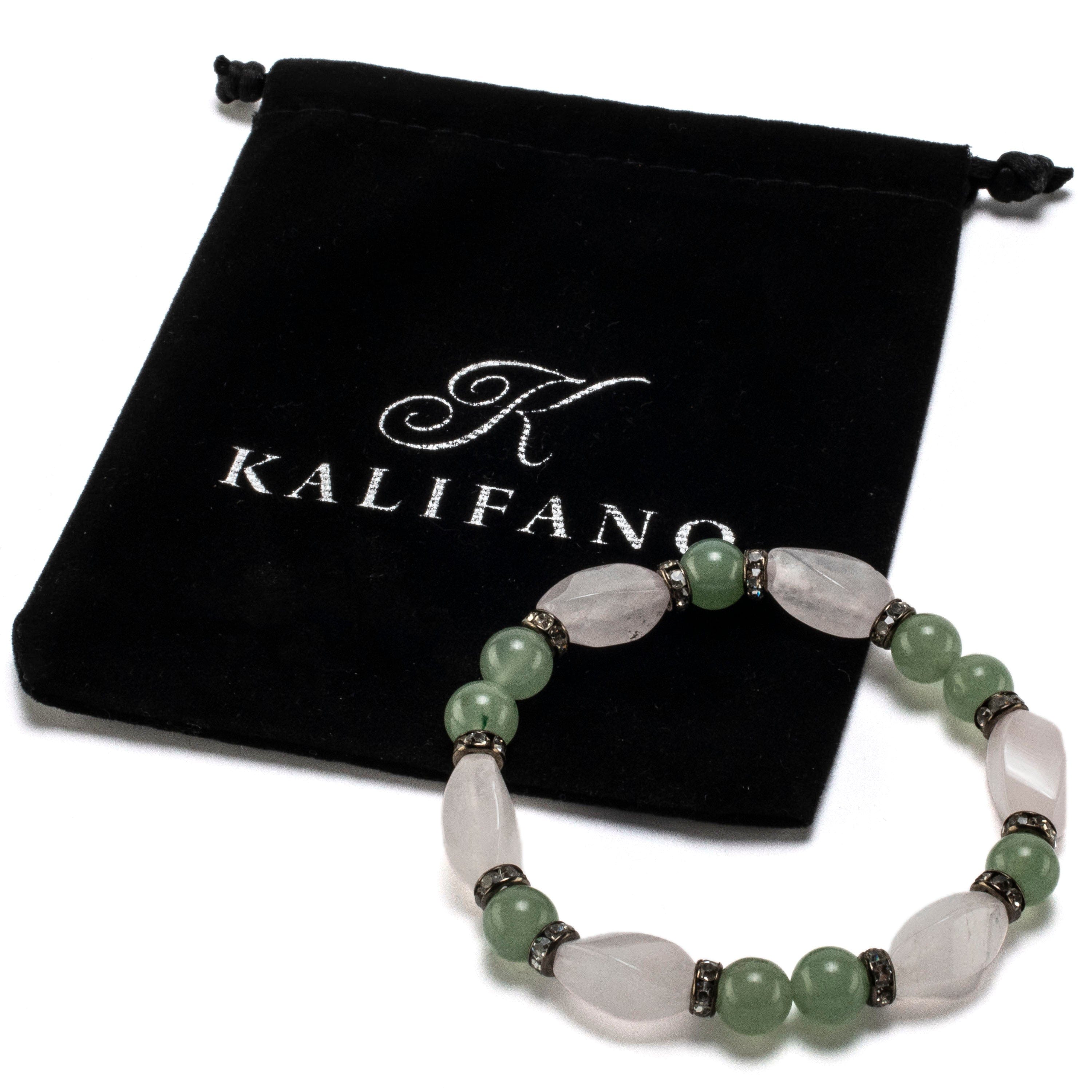 Kalifano Gemstone Bracelets Rose Quartz Twisted Bead and Round Aventurine with Crystal Accent Beads Gemstone Elastic Bracelet BLUE-BGP-029