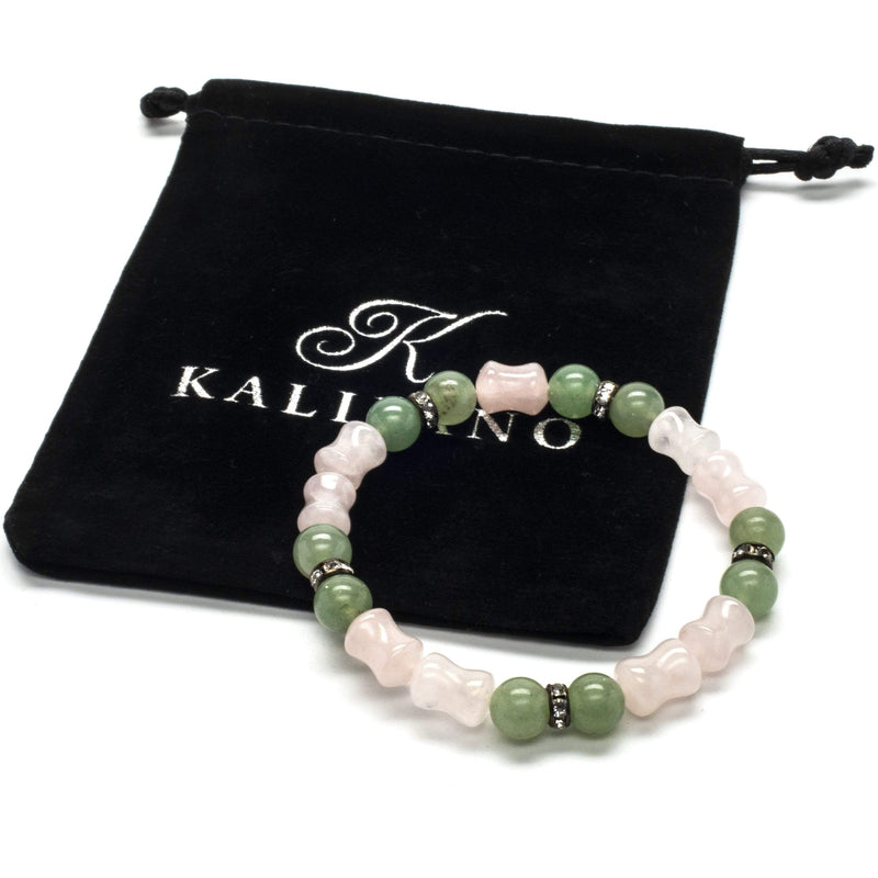 Kalifano Gemstone Bracelets Round Aventurine and Hourglass Rose Quartz Gemstone Elastic Braceletwith Crystal Accent Beads WHITE-BGP-015