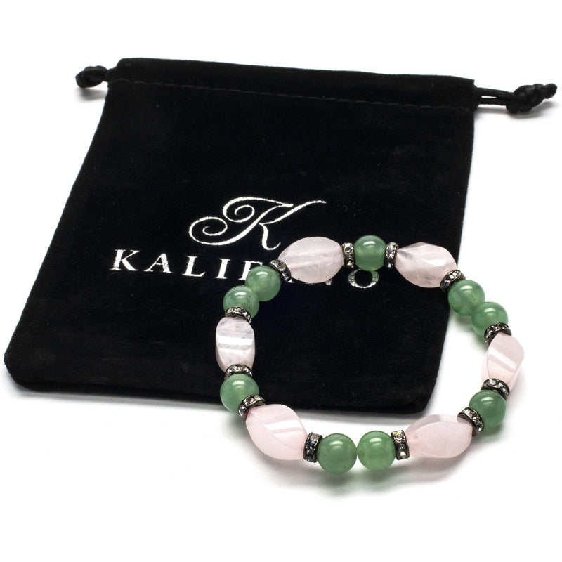 Kalifano Gemstone Bracelets Round Aventurine and Rose Quartz Gemstone Elastic Braceletwith Crystal Accent Beads WHITE-BGP-013